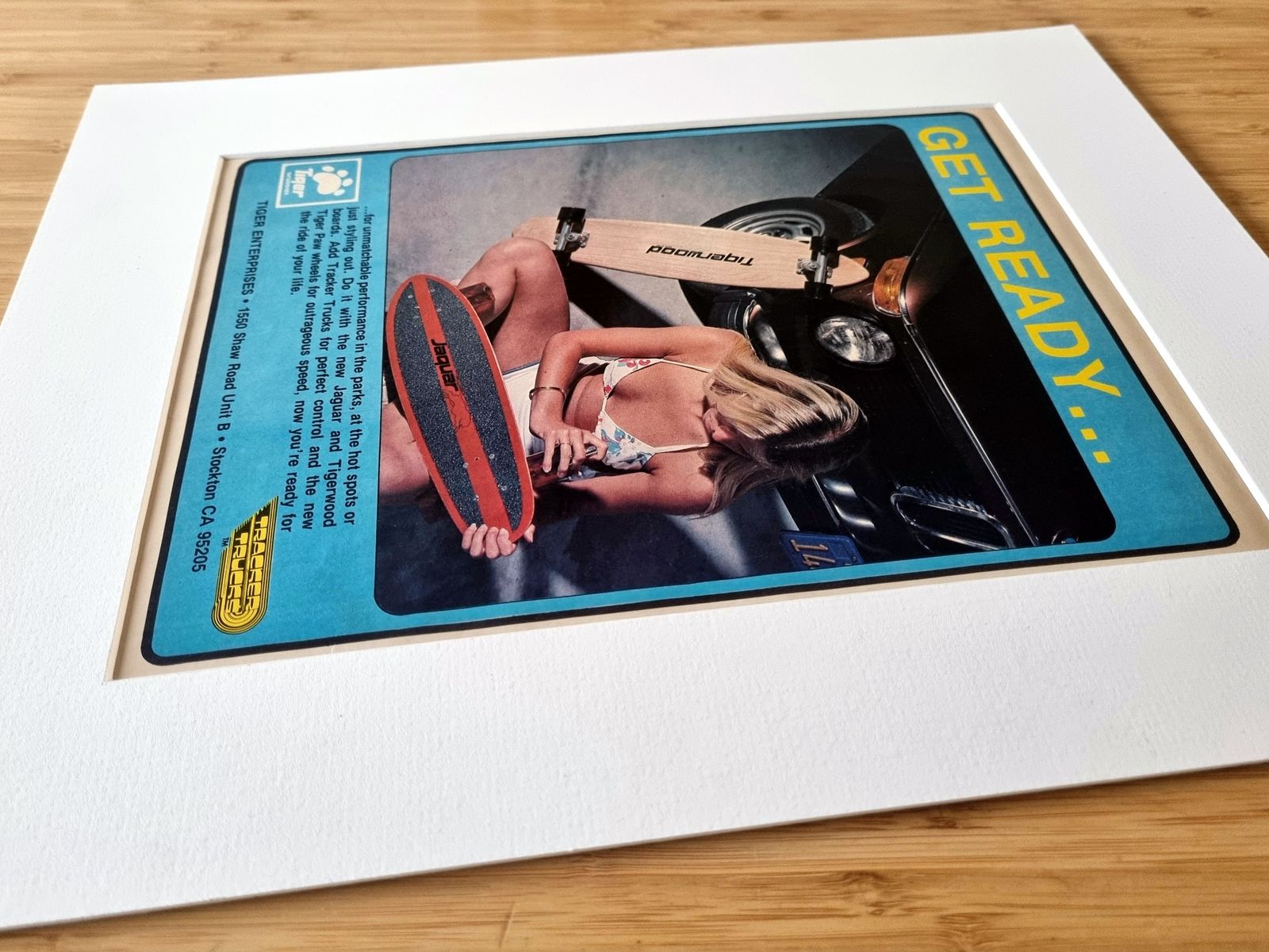 70s Bikini Shot Skate Lifestyle, Skateboard Magazine Advertisement Mounted, Tiger Enterprises Get Ready Graphic, California Youth Style photo vinterior