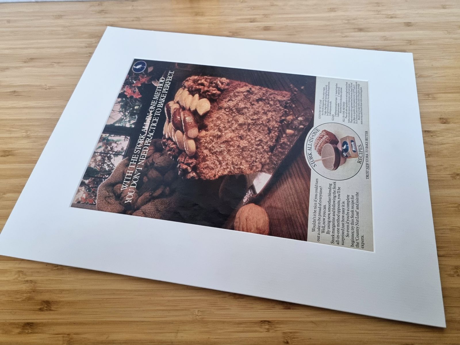 Food Magazine Advertisement Mounted, Stork Baking Loaf Cake Image, British Retro Kitchen Wall Art, 1970s Grocery Advertising photo Art