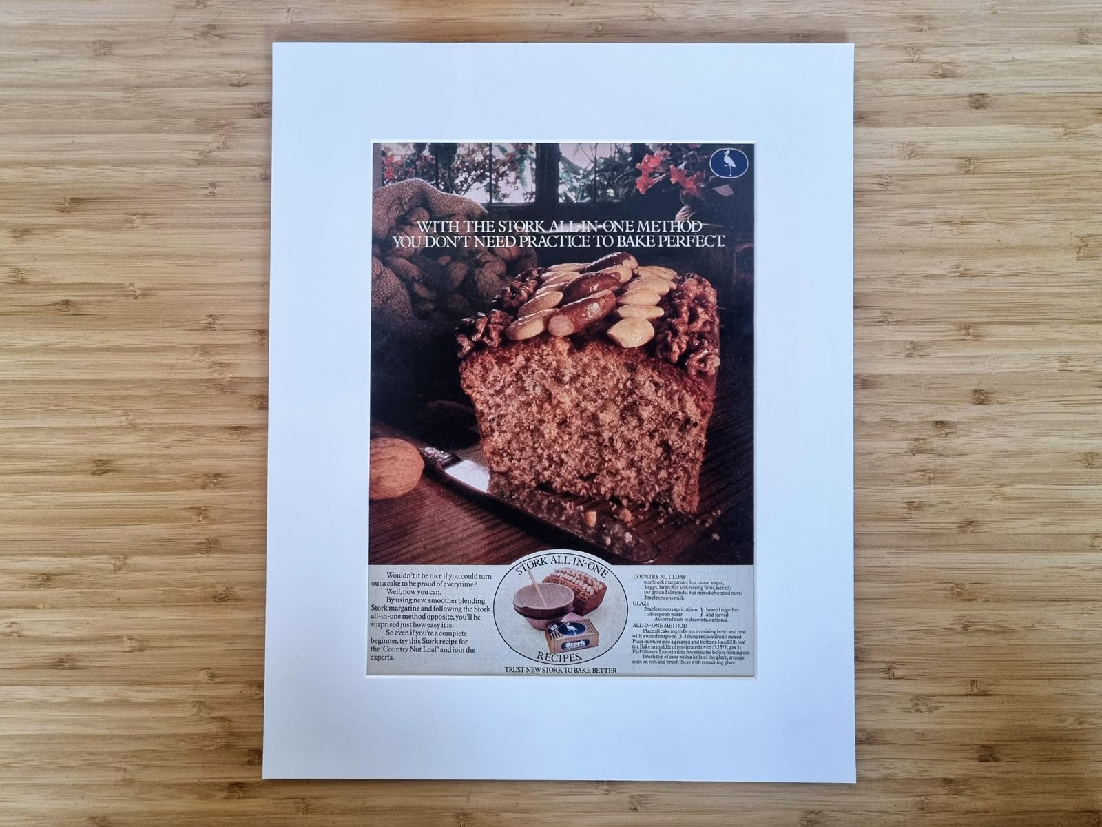 Food Magazine Advertisement Mounted, Stork Baking Loaf Cake Image, British Retro Kitchen Wall Art, 1970s Grocery Advertising photo vinterior