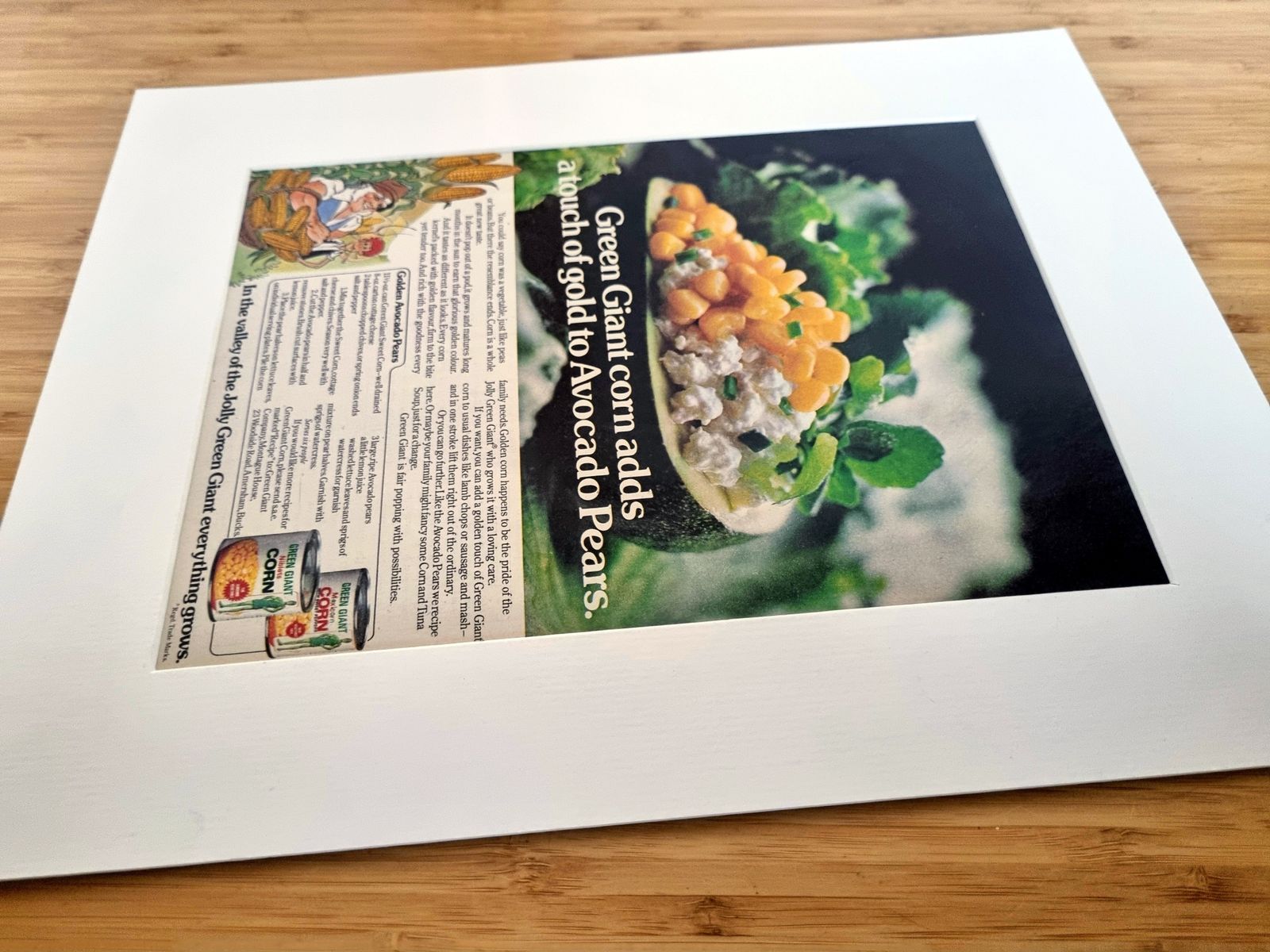 Food Magazine Advertisement Mounted, Green Giant Corn Avocado Pears, 1970s Retro Kitchen Wall Art, Mid Century Grocery Style photo 55.0