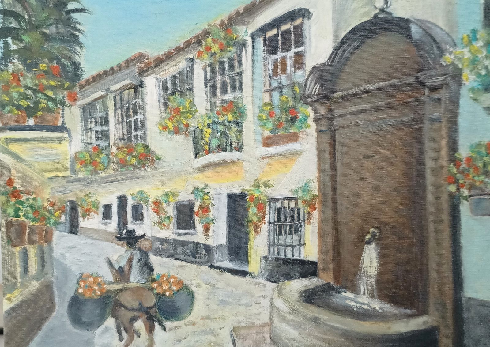 Original Unframed Oil Painting, Traditional Spanish Street Scene Signed . photo for sale
