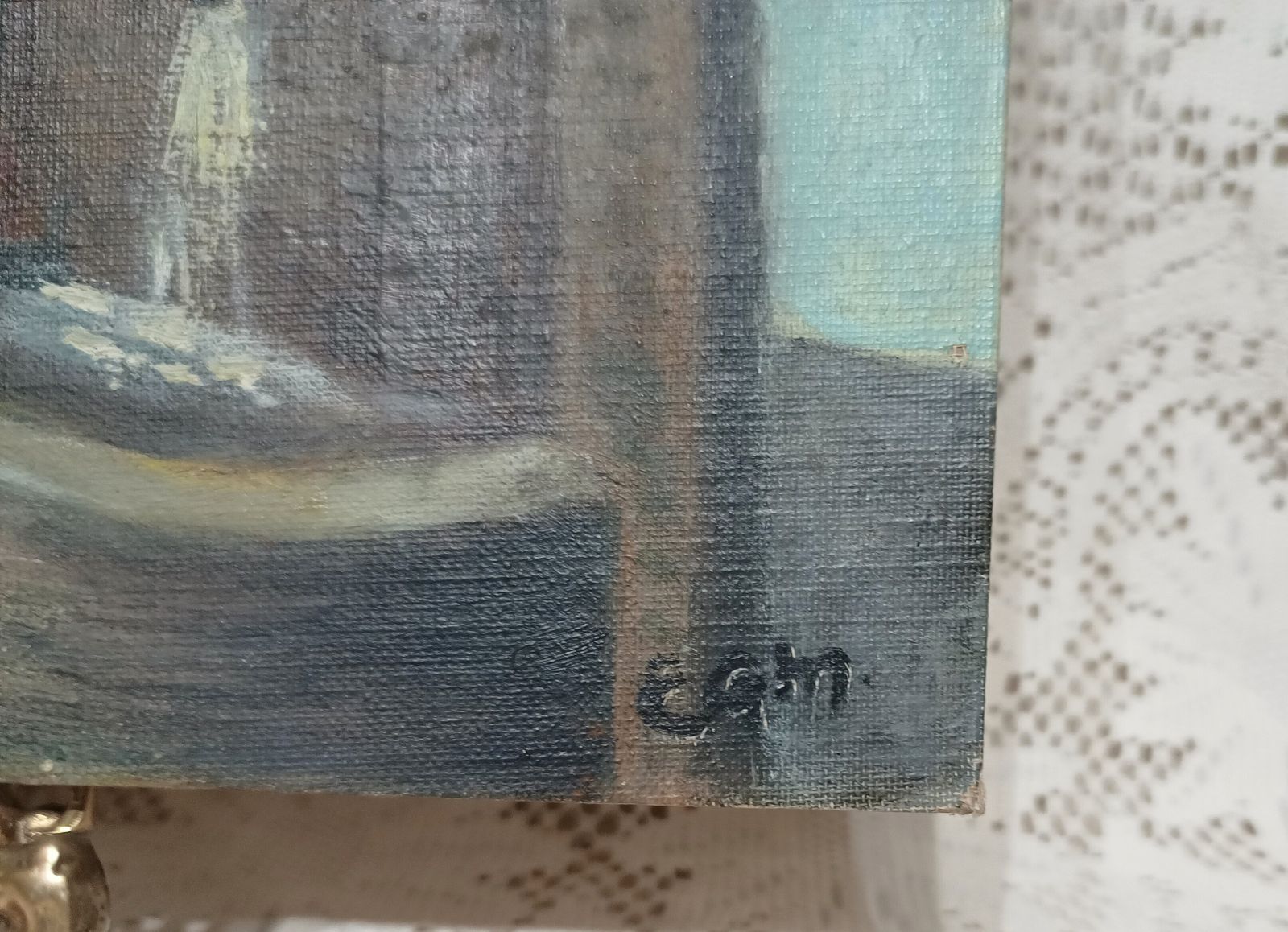 Original Unframed Oil Painting, Traditional Spanish Street Scene Signed . photo vintage