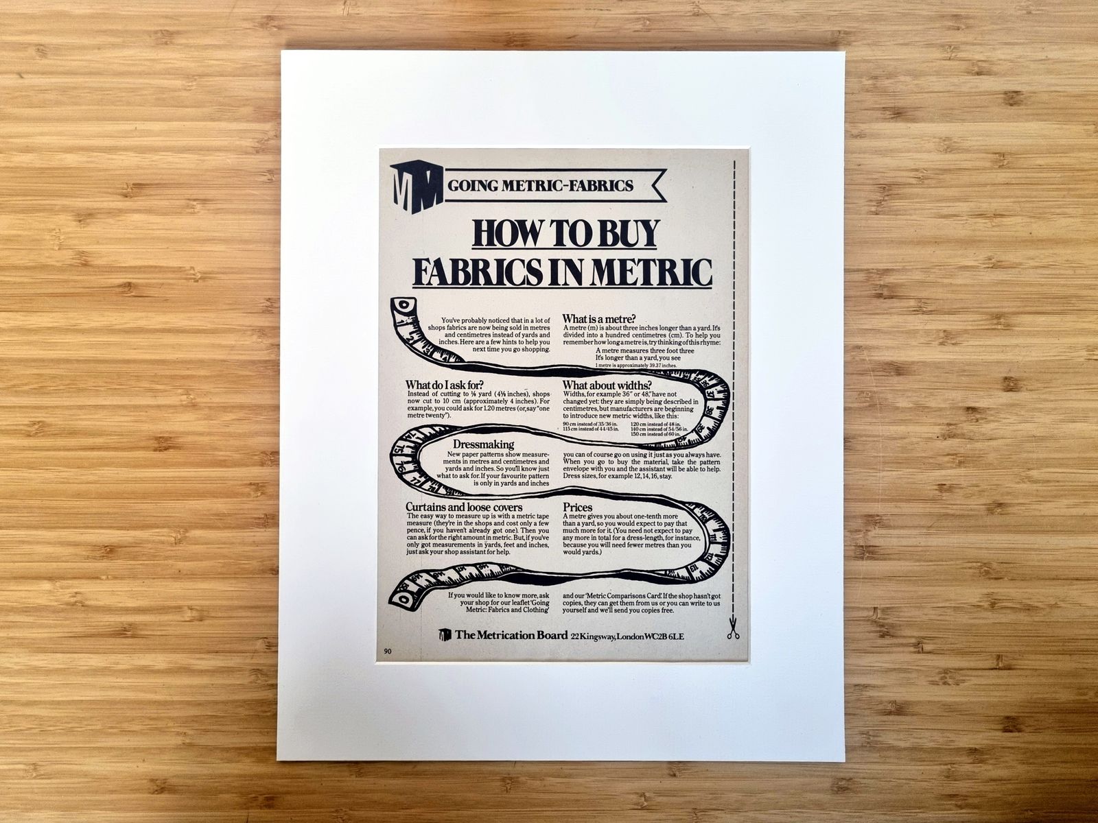 Magazine Information Page Mounted, Fabric Measurement Guide Print, British Graphic Ephemera, 1970s Sewing History photo Art