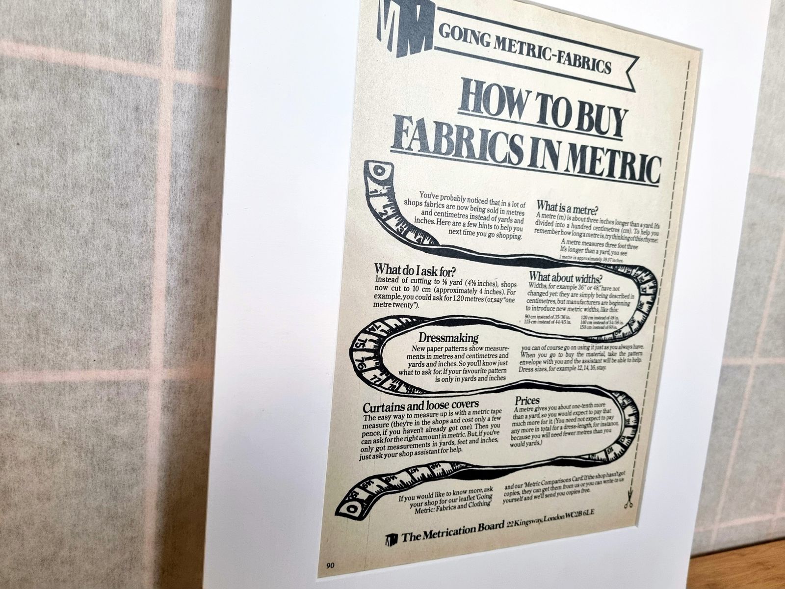 Magazine Information Page Mounted, Fabric Measurement Guide Print, British Graphic Ephemera, 1970s Sewing History photo vinterior