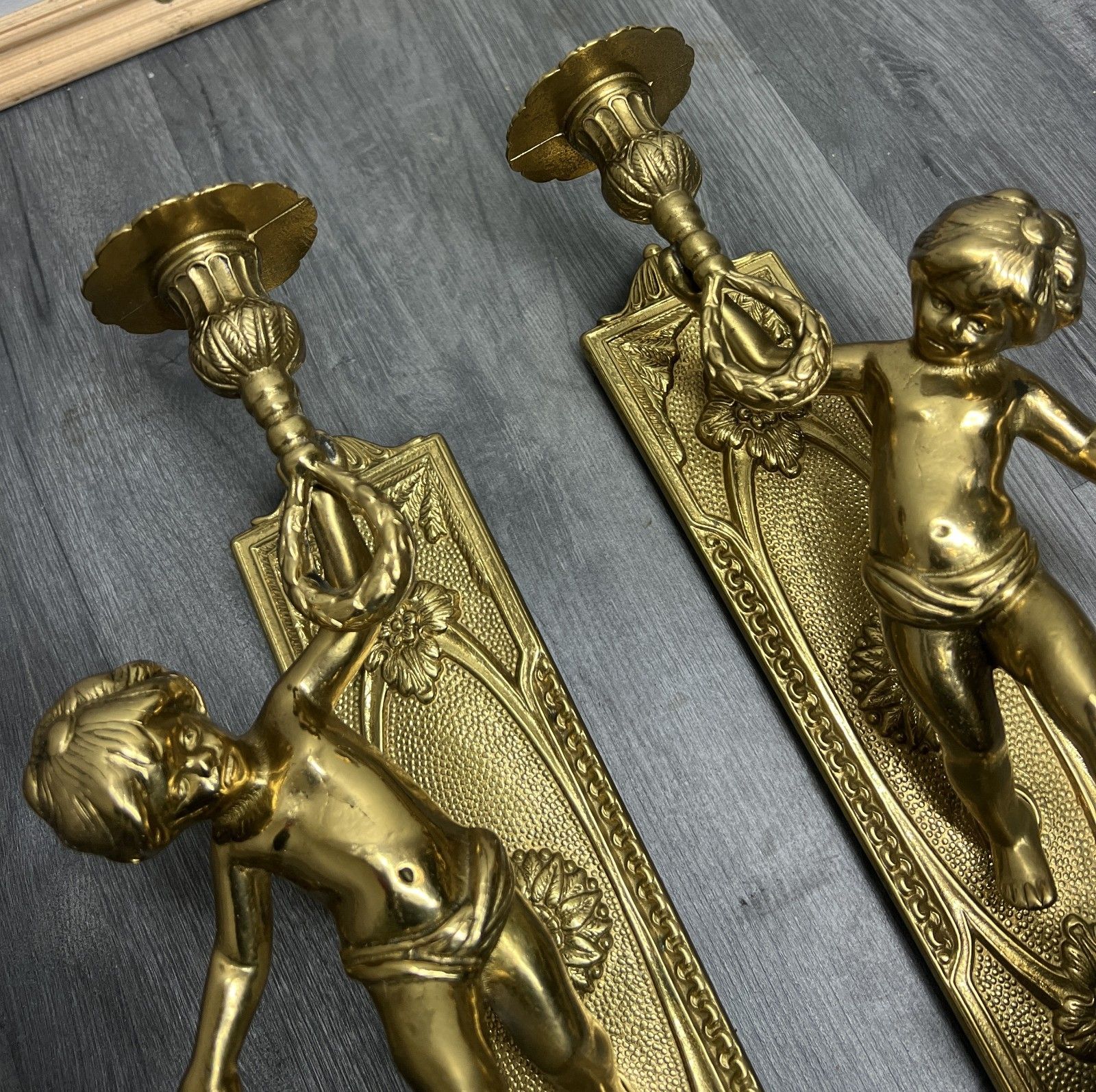Home Decor Wall Candle Holder Vintage French Style Sconce Pair Brass Cherub Lot 4665 photo