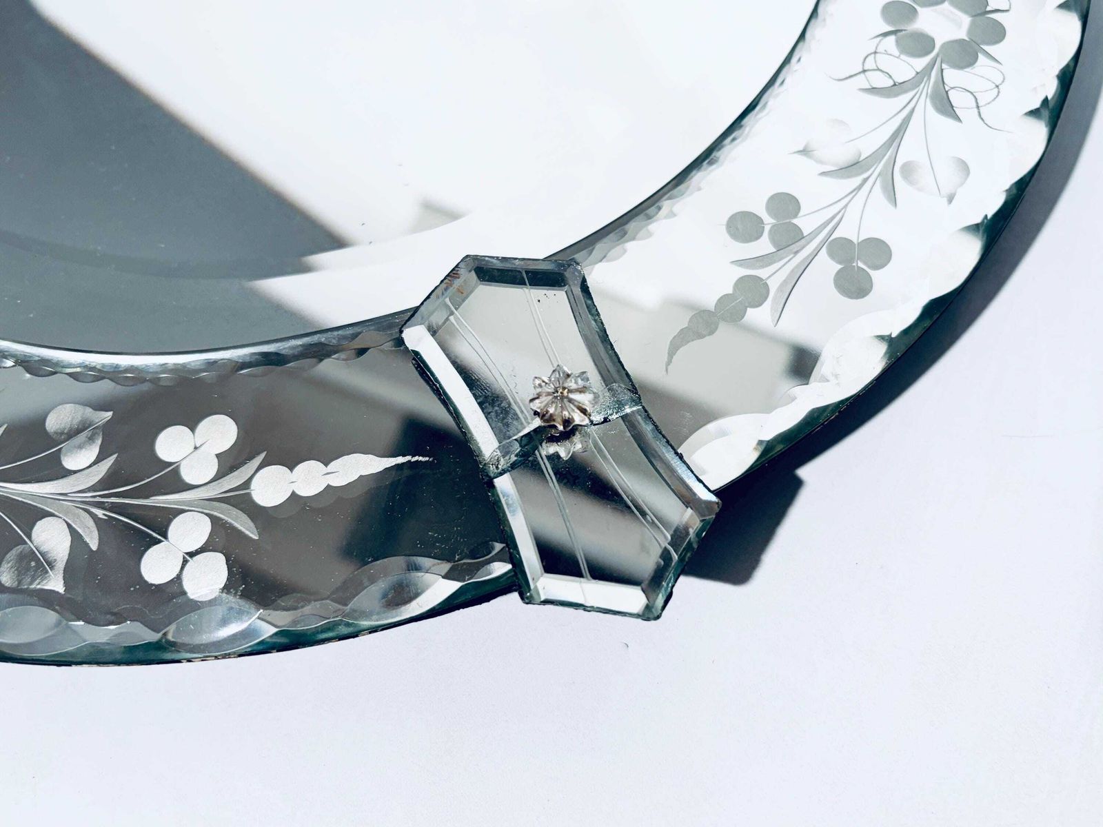 photo for sale Oval Venetian Murano Glass Mirror / 1920s Flower Ornament Opulent Wall Mirror