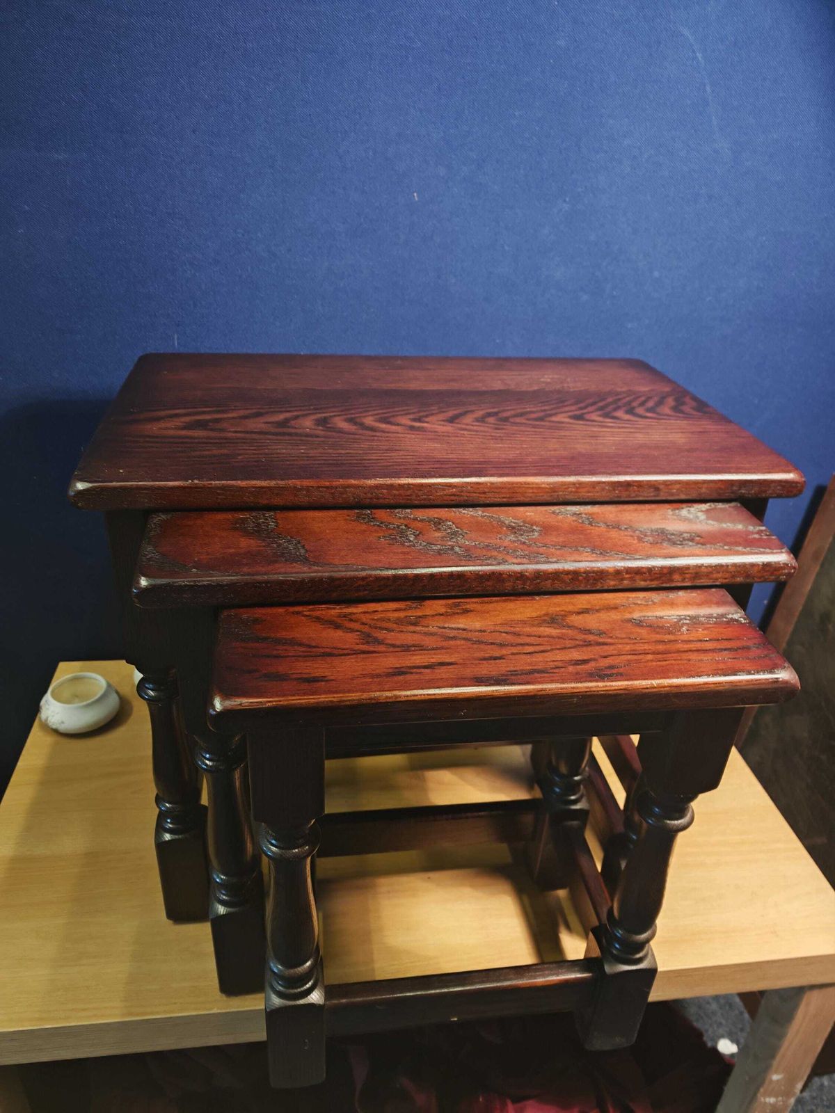 Vintage Mahogany Effect Interlocking Nest Of Three Tables With Felt Padding Likely 1970s Or 1980s photo vinterior
