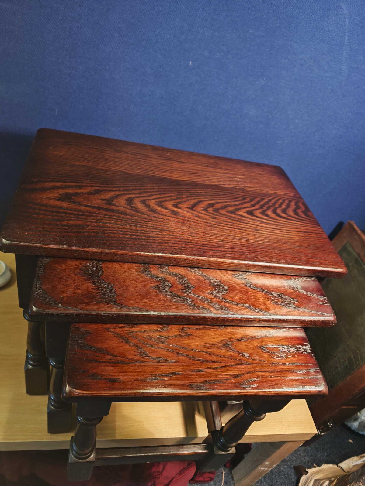 Vintage Mahogany Effect Interlocking Nest Of Three Tables With Felt Padding Likely 1970s Or 1980s photo buy