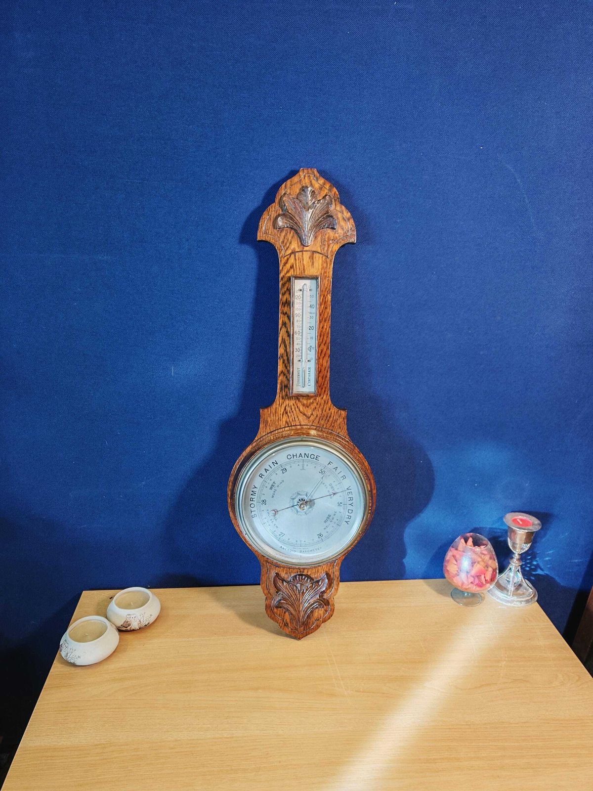 Antique Large Oak Aneroid Wall Barometer, Working. Early Mid 20th Century   Heavy photo furniture