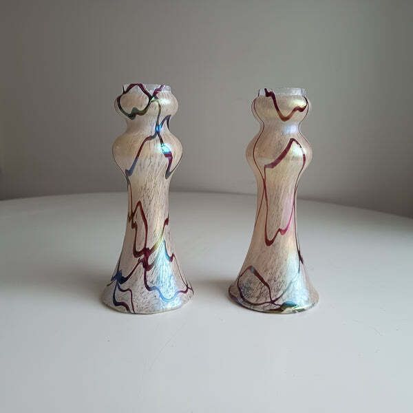 Pair Of Art Nouveau Oil Spot Iridescent Lustre Vases By Rindskopf  Missing Silver Collars photo vintage