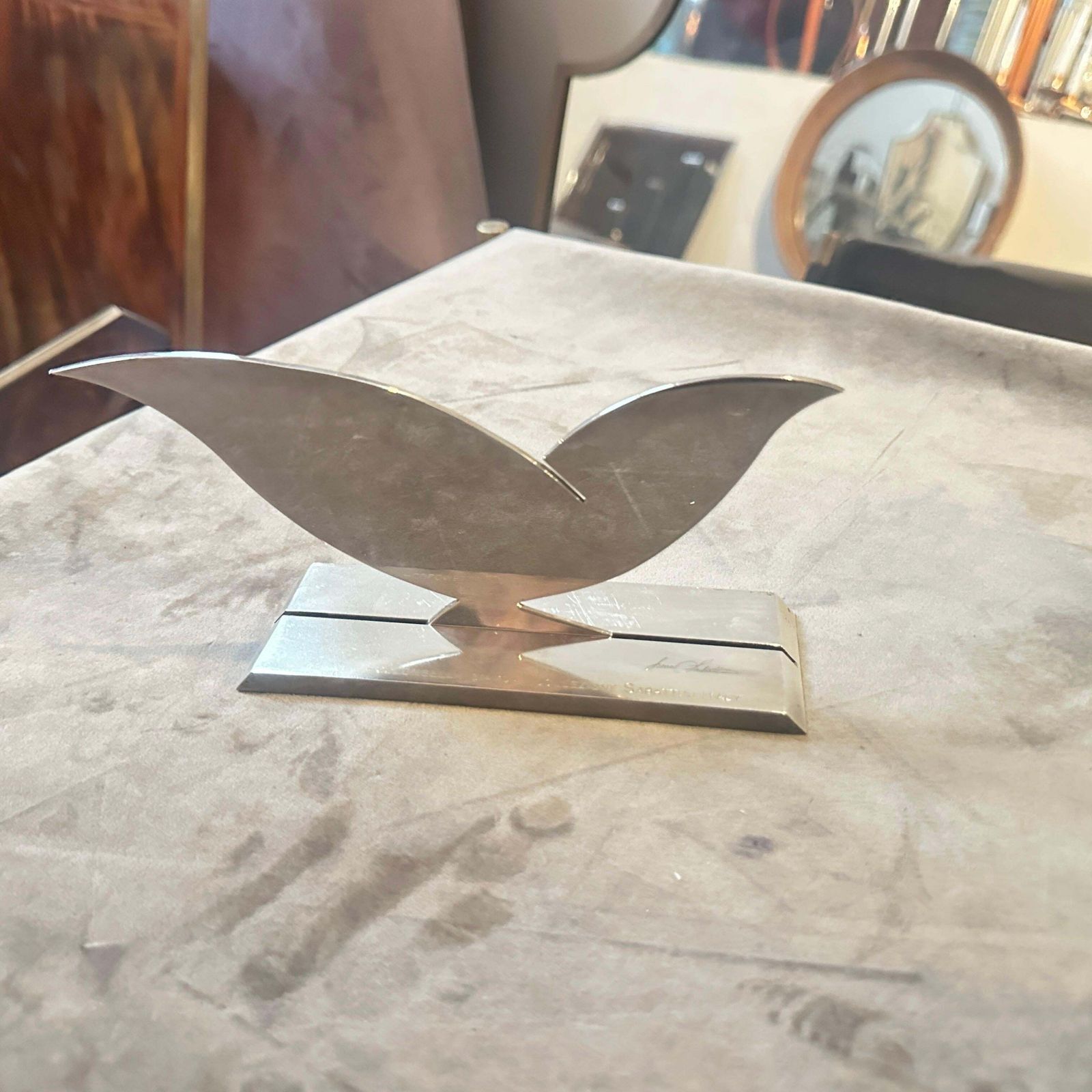 photo for sale 1990s Minimalist Silver Plated Sculpture La Colombella Bianca By Lino Sabattini