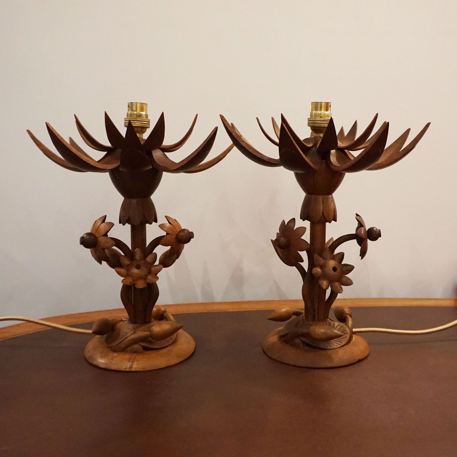 Mid Century Teak Pair Lotus Lamps X2 Pair Thai Indonesian Handmade Ooak Design