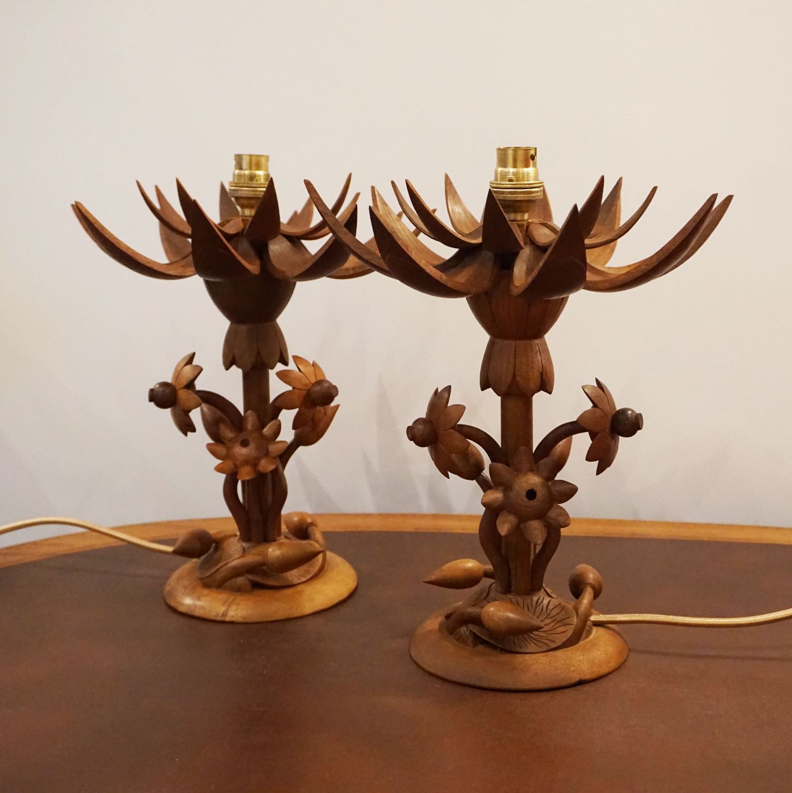 Mid Century Teak Pair Lotus Lamps X2 Pair Thai Indonesian Handmade Ooak Design photo furniture