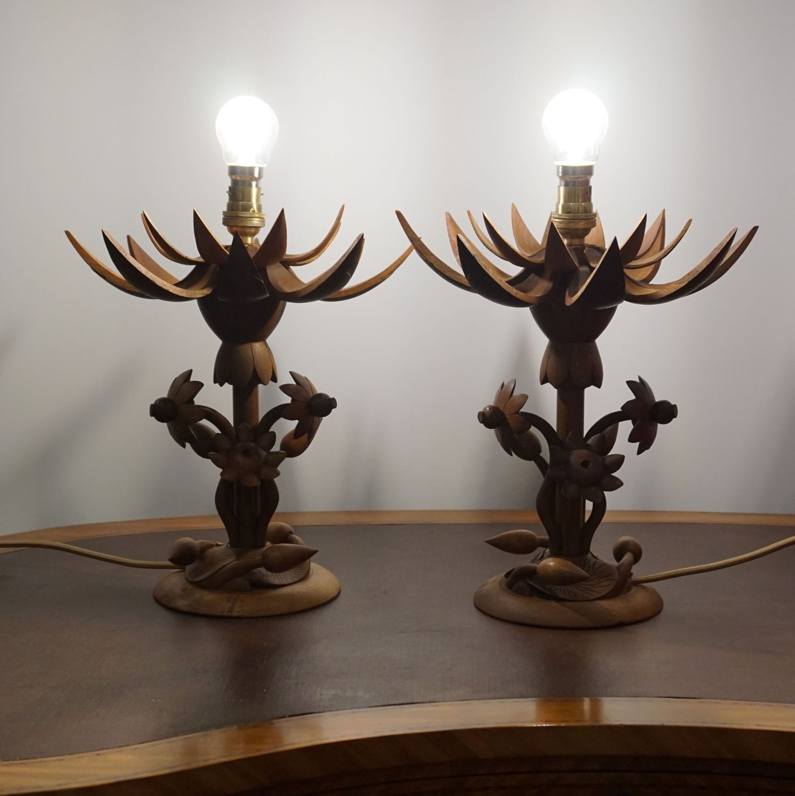 Mid Century Teak Pair Lotus Lamps X2 Pair Thai Indonesian Handmade Ooak Design photo for sale