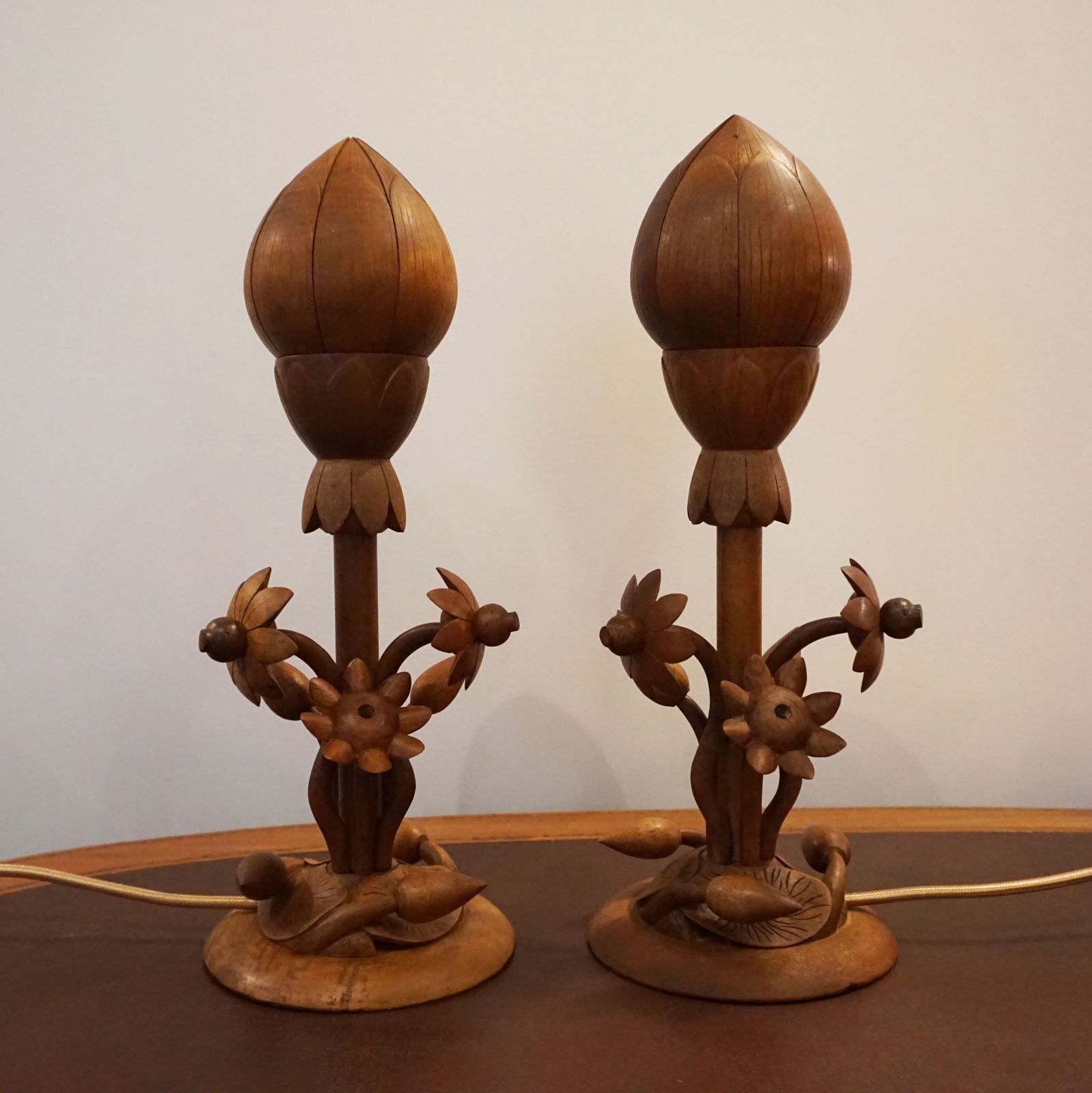 Mid Century Teak Pair Lotus Lamps X2 Pair Thai Indonesian Handmade Ooak Design photo buy