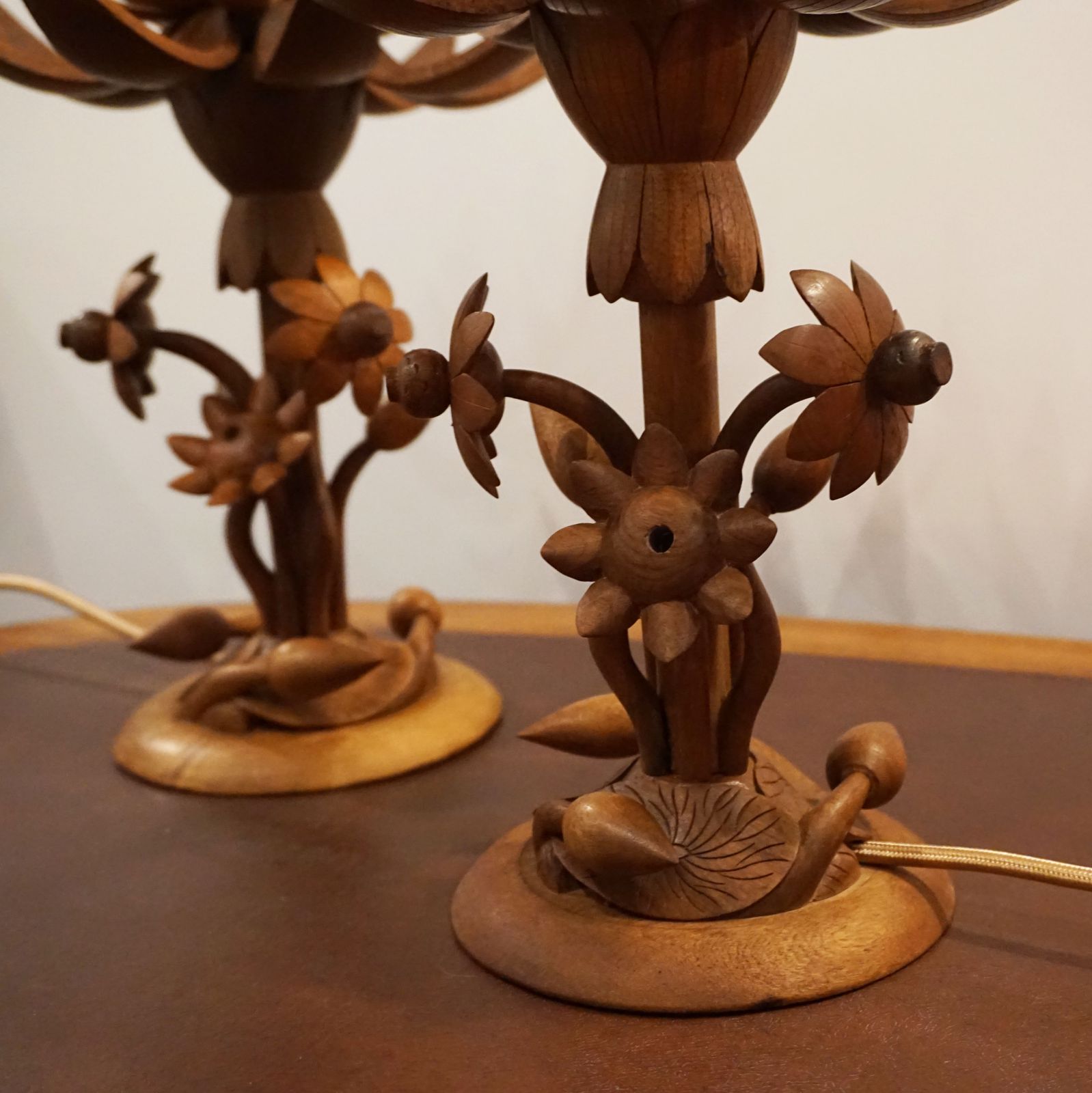 photo furniture Mid Century Teak Pair Lotus Lamps X2 Pair Thai Indonesian Handmade Ooak Design