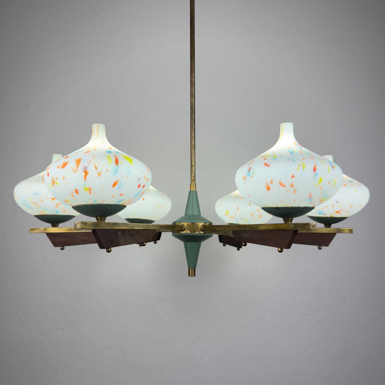 Mid Century Stilnovo Chandelier With Teak And Murano Glass, Italy 1940 50s