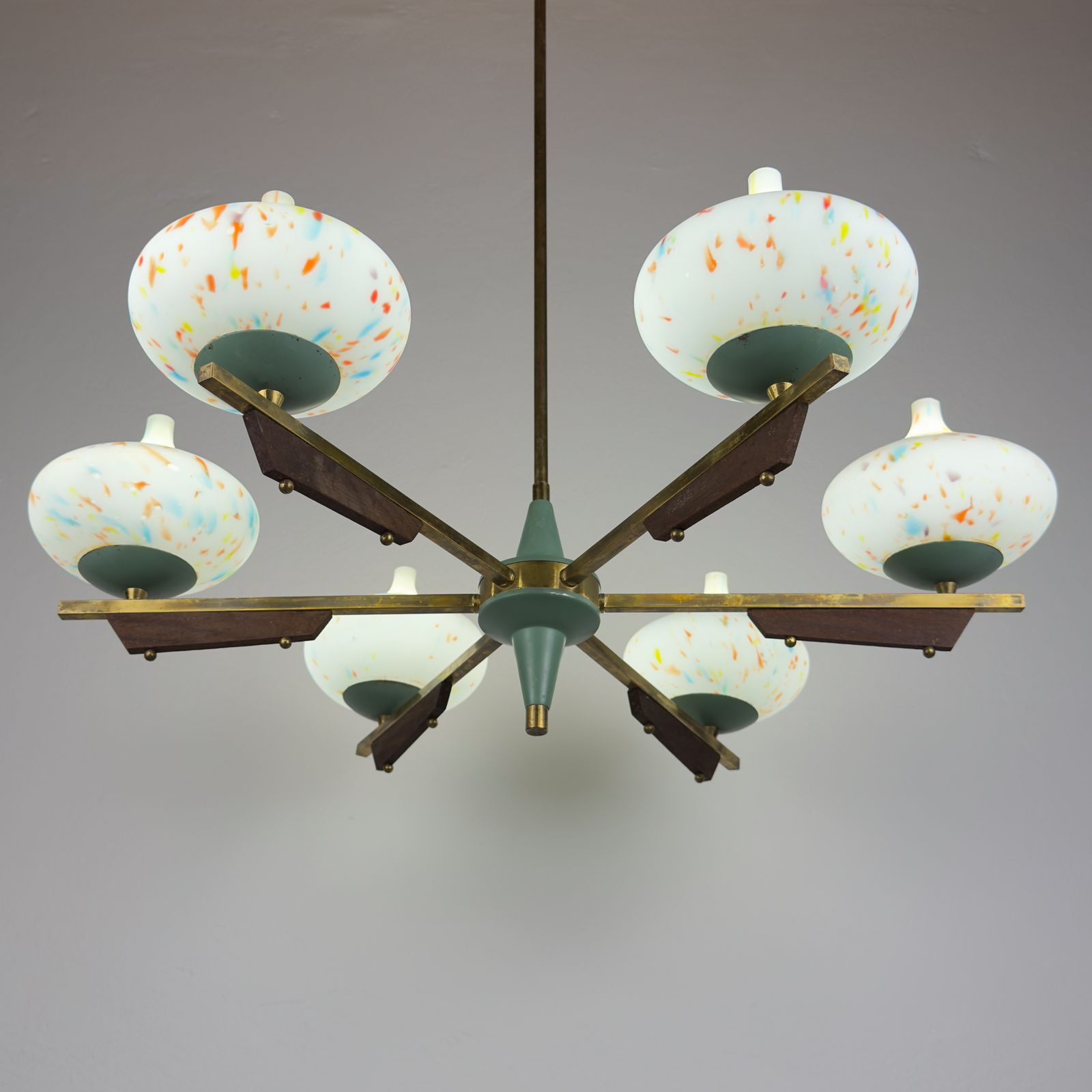 photo buy Mid Century Stilnovo Chandelier With Teak And Murano Glass, Italy 1940 50s