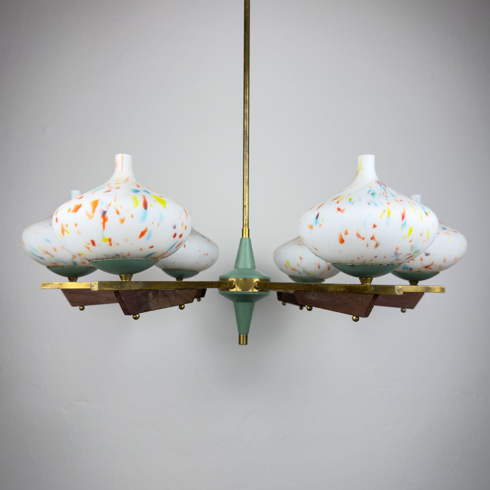 photo vintage Mid Century Stilnovo Chandelier With Teak And Murano Glass, Italy 1940 50s