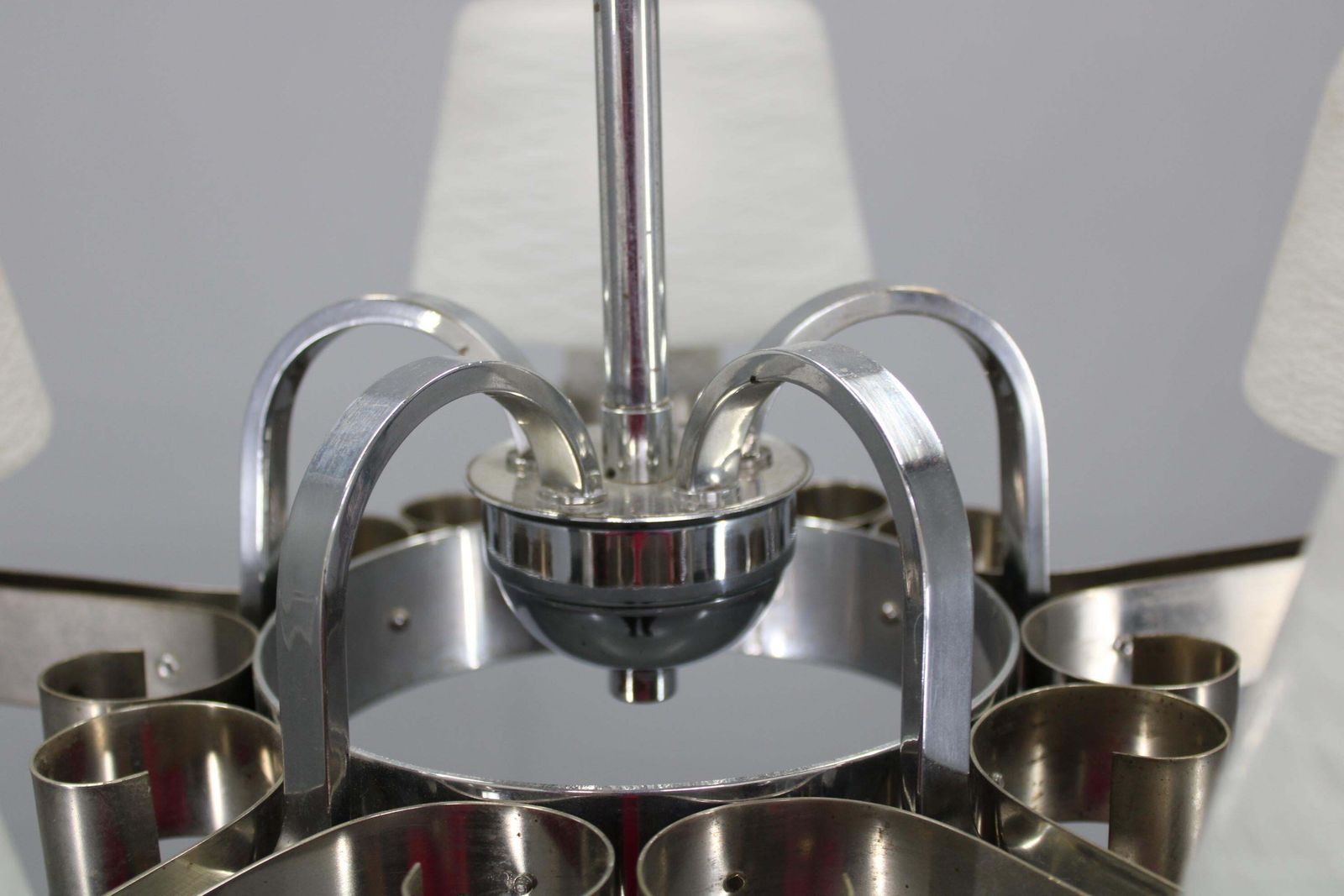 photo for sale Art Deco Nickel Chandelier With Textured Glass, Czechoslovakia, 1930s