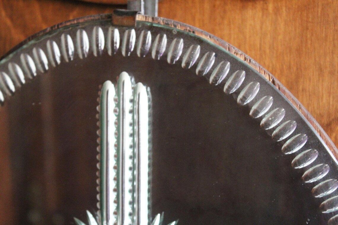 Tall Antique Oval Mirror Etched Design On Reverse Mercury Glass Green Tint Crucifix Religious Wall Mirror Wood Frame Cut To Clear Bevel photo 196.0