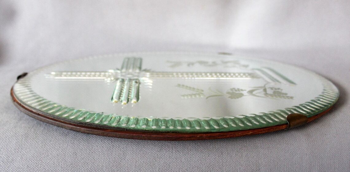 photo vintage Tall Antique Oval Mirror Etched Design On Reverse Mercury Glass Green Tint Crucifix Religious Wall Mirror Wood Frame Cut To Clear Bevel