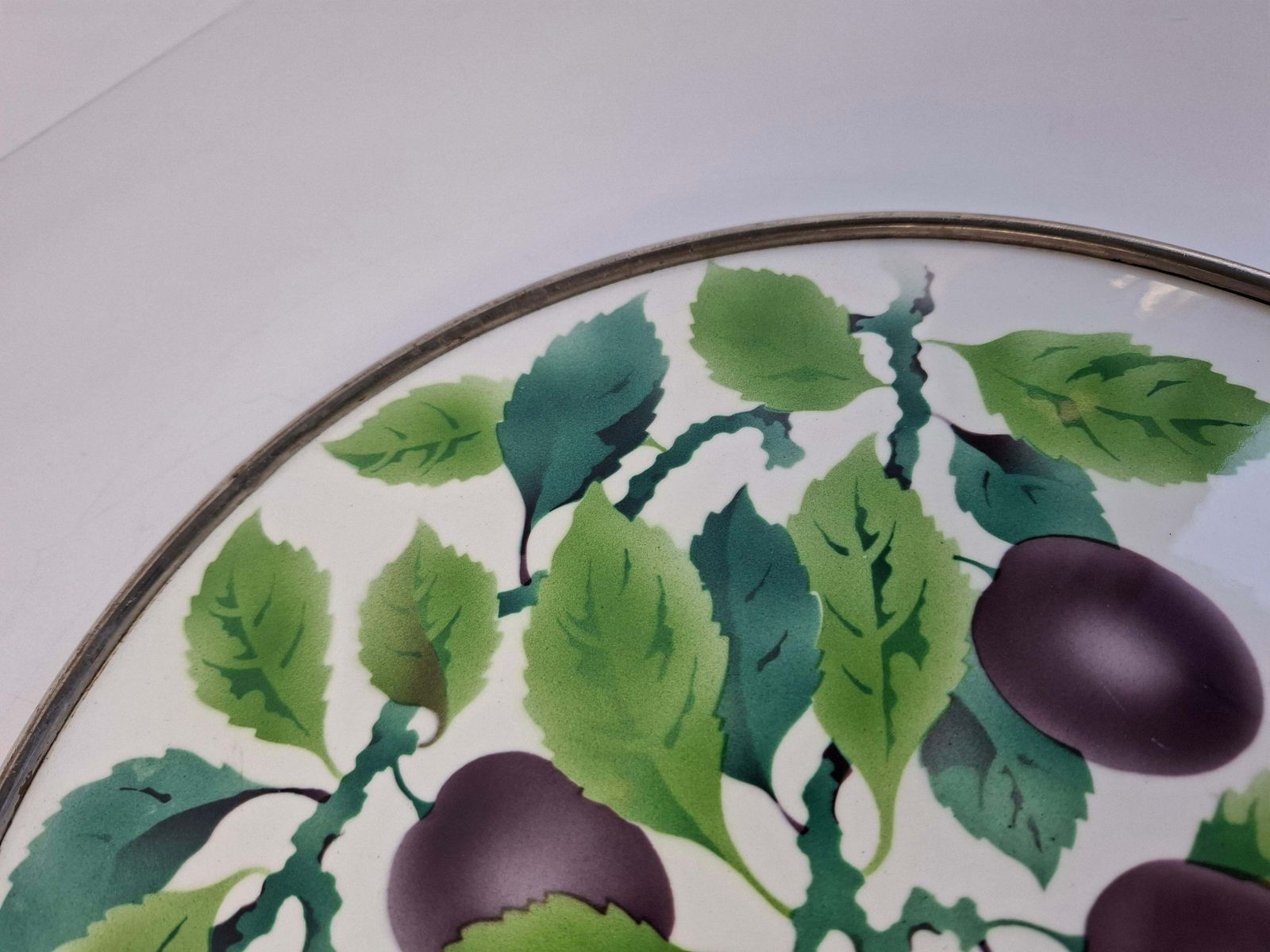 Czechoslovak Art Deco Porcelain Tray With Plum Motif And Metal Rim, 1930s photo Home Decor