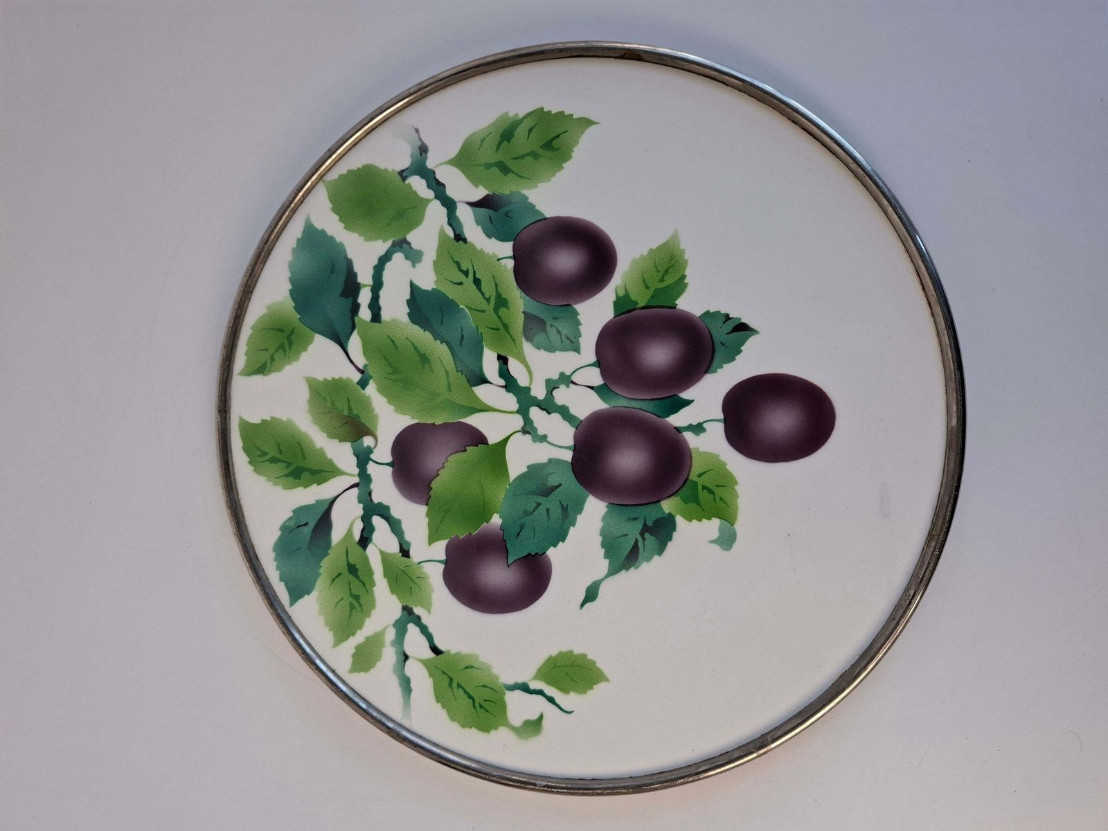 Czechoslovak Art Deco Porcelain Tray With Plum Motif And Metal Rim, 1930s photo vinterior