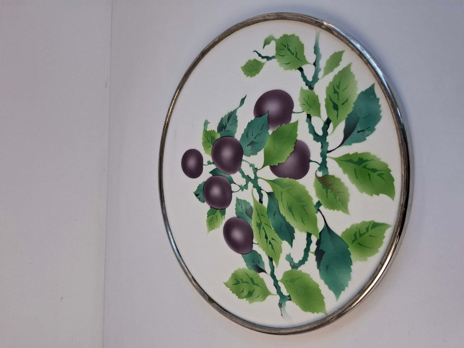 389.0 Czechoslovak Art Deco Porcelain Tray With Plum Motif And Metal Rim, 1930s photo