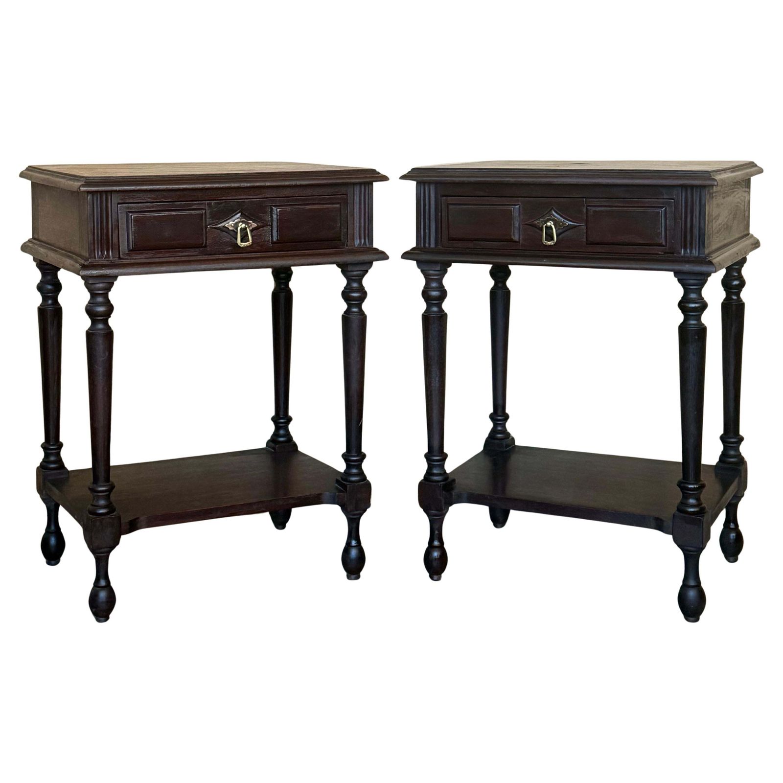 Pair Of Spanish Nightstands With One Drawer And Low Shelve And Fluted Legs