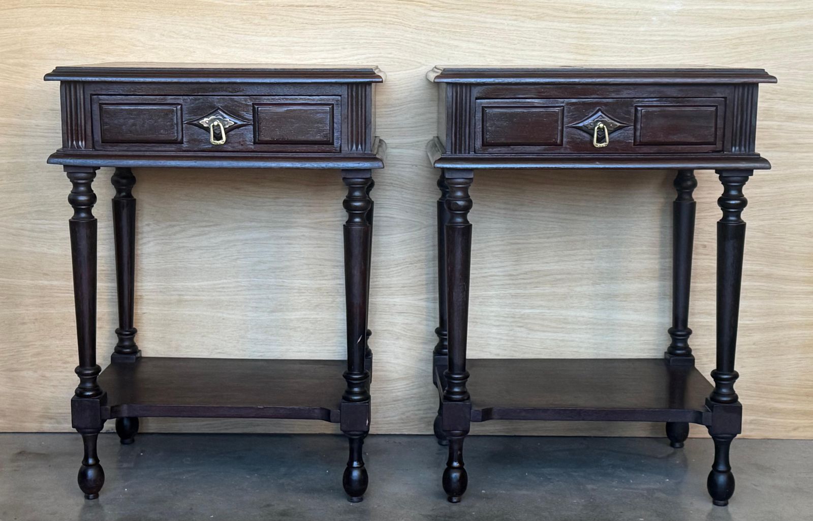 Pair Of Spanish Nightstands With One Drawer And Low Shelve And Fluted Legs photo furniture