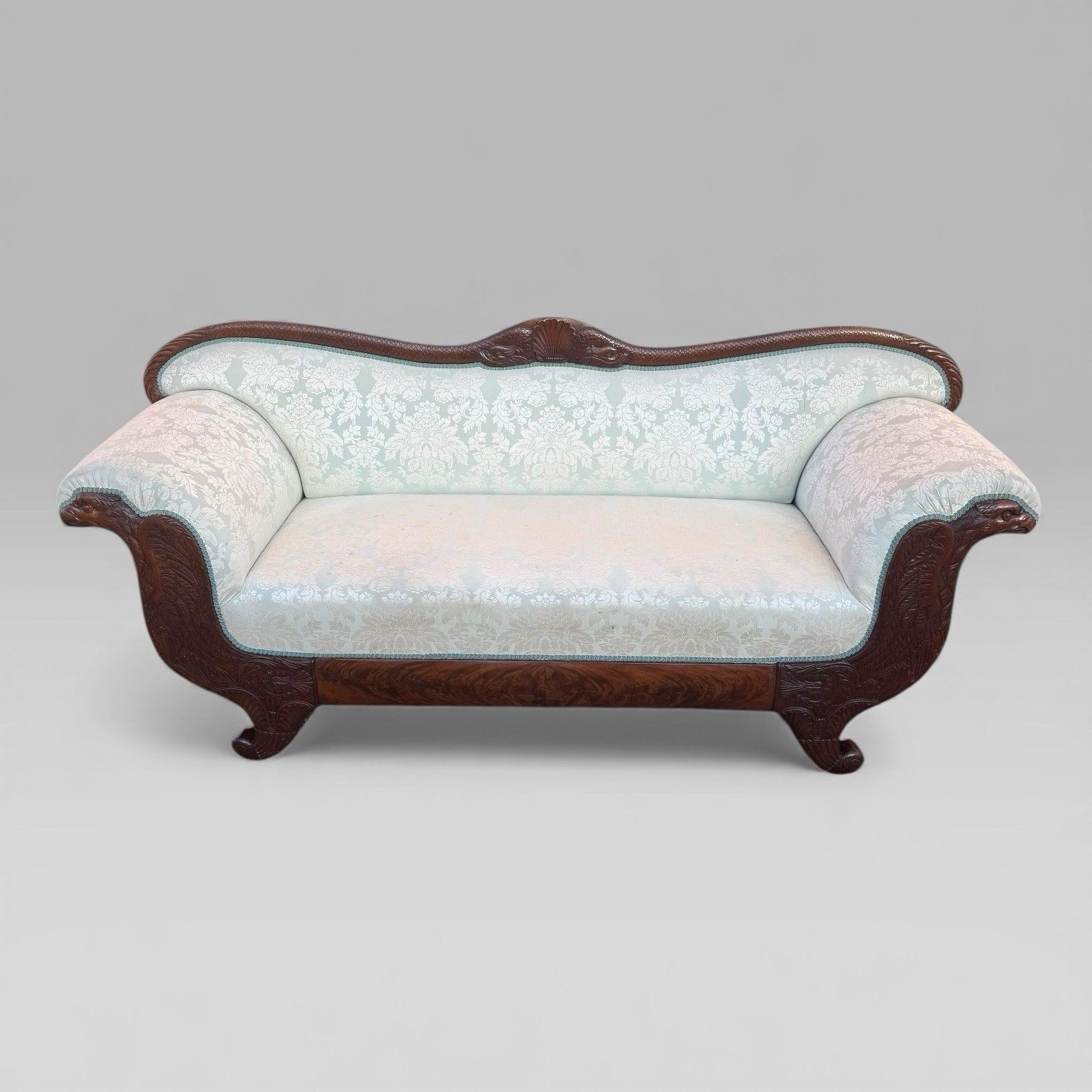 Antique 19th Century French Empire Flame Mahogany Sofa With Carved Details photo furniture