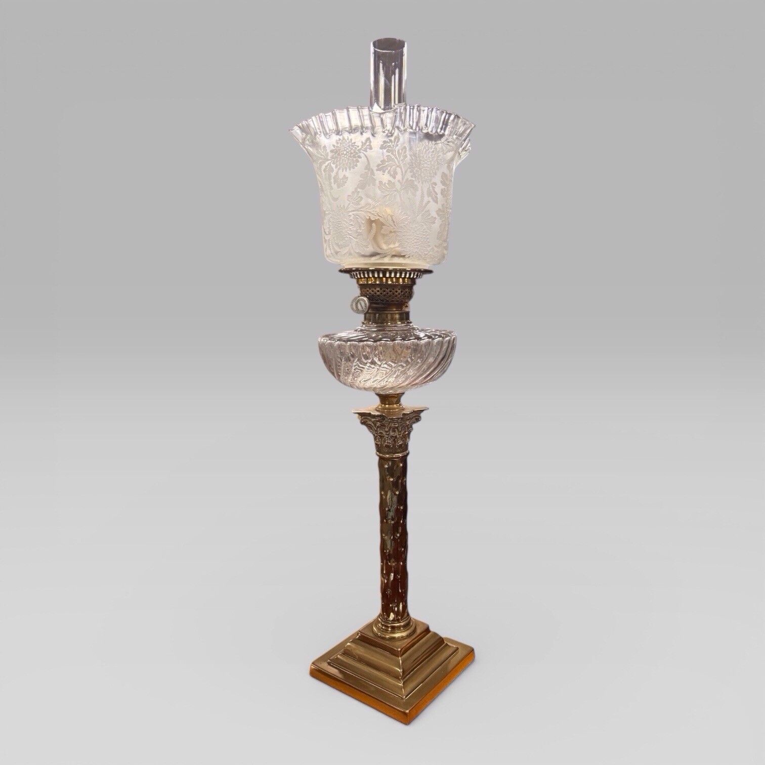 photo buy Antique Victorian Duplex Etched Glass Tulip Shade Oil Lamp With Brass Column