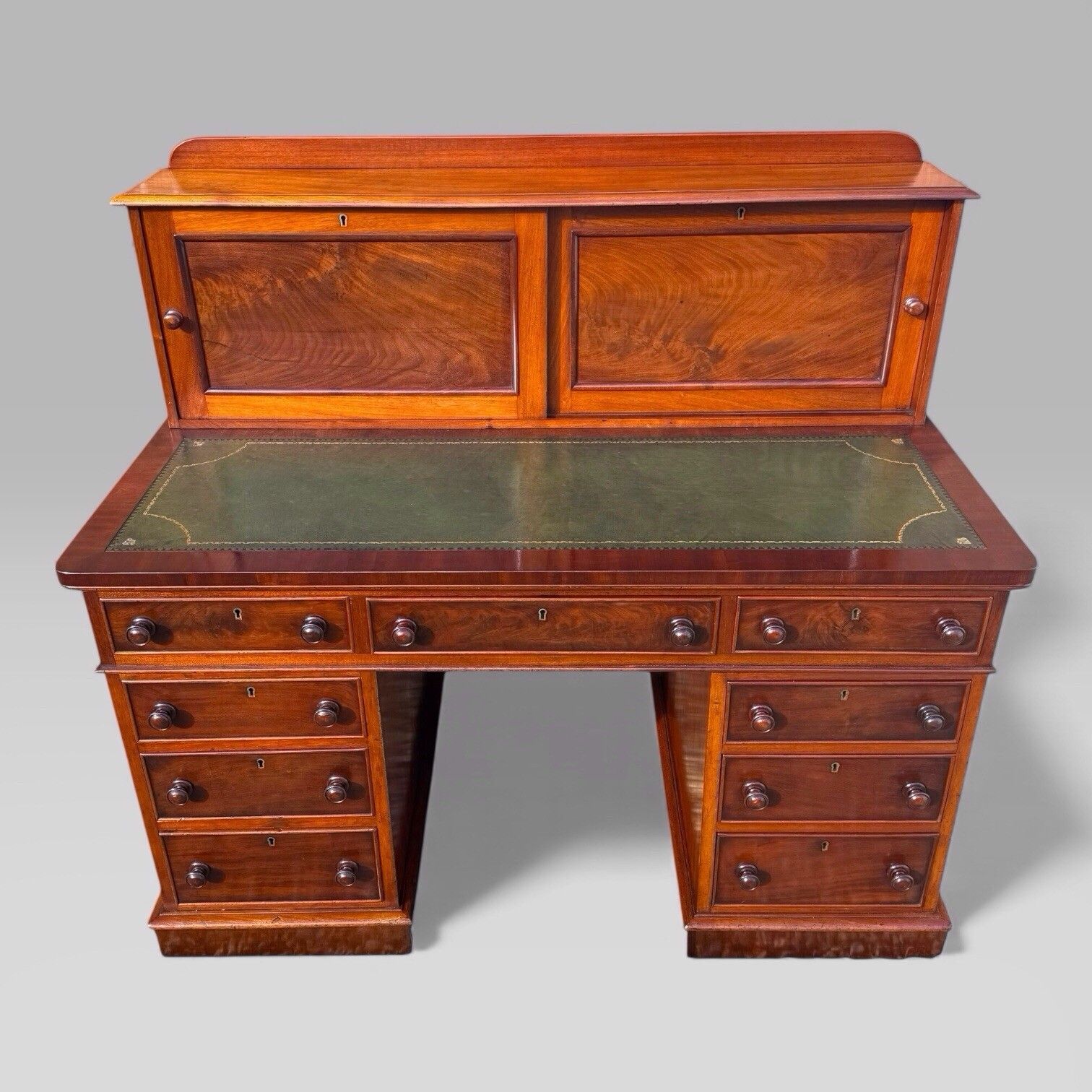 Antique Victorian Mahogany Pedestal Desk – 9 Drawers, Tooled Leather & Cupboard photo furniture