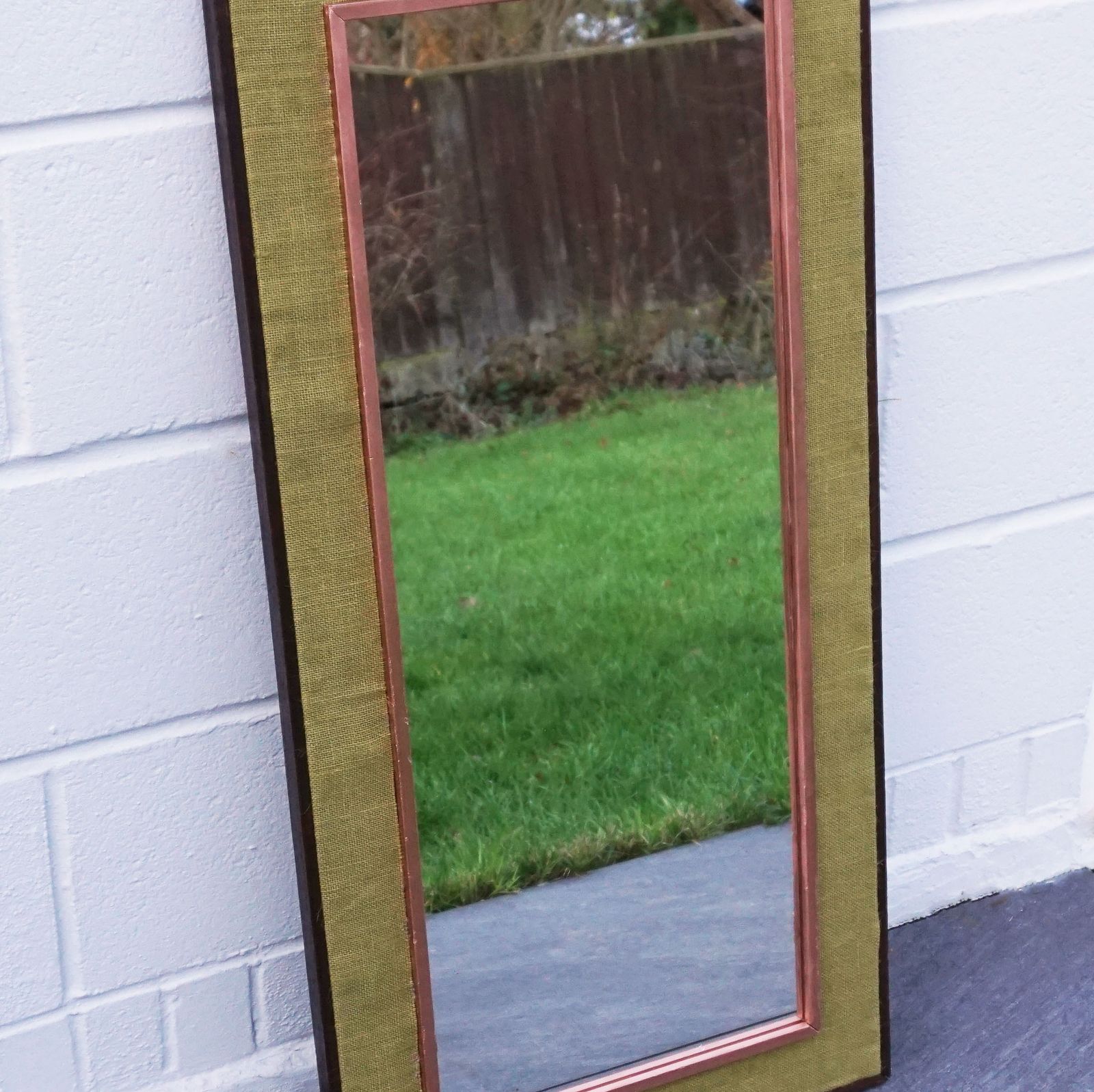 Hessian Mid Century Framed Wooden Wall Mounted Mirror In Copper & Green 1970s Style photo furniture