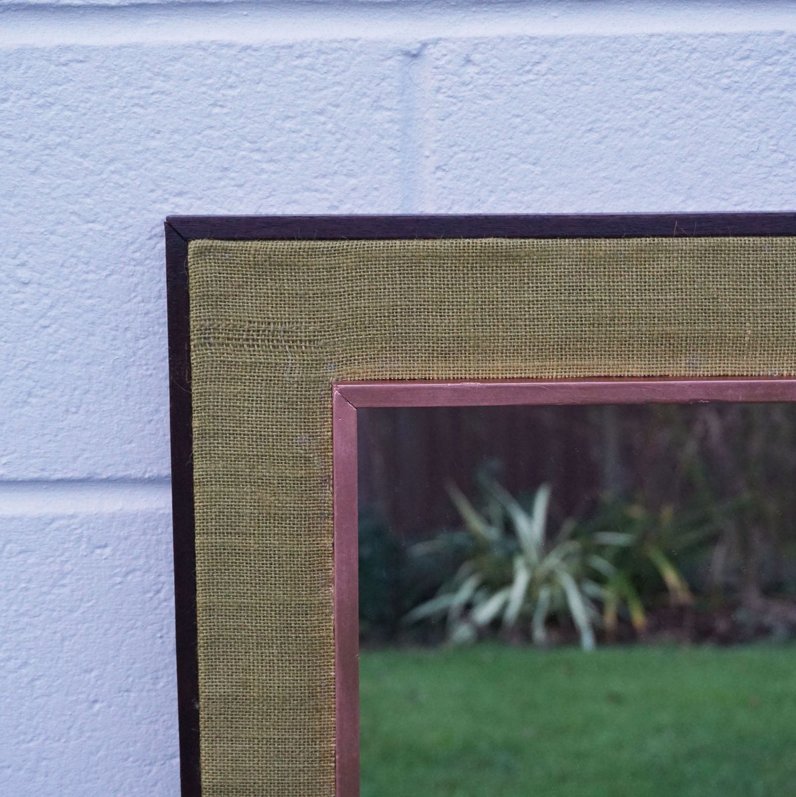 Hessian Mid Century Framed Wooden Wall Mounted Mirror In Copper & Green 1970s Style photo Home Decor
