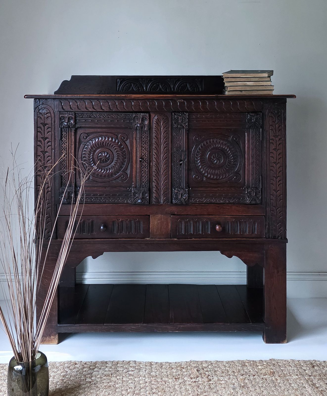 Antique Carved Oak Lawyers Primitive Court Cabinet