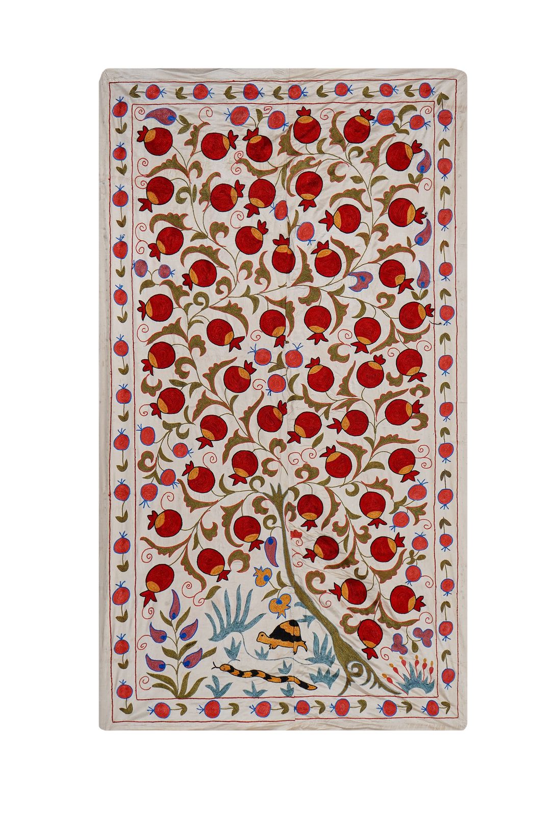 Red Uzbek Suzani Wall Hanging – Pomegranate & Animal Motif Embroidered Textile '7'5'' X 10'2''