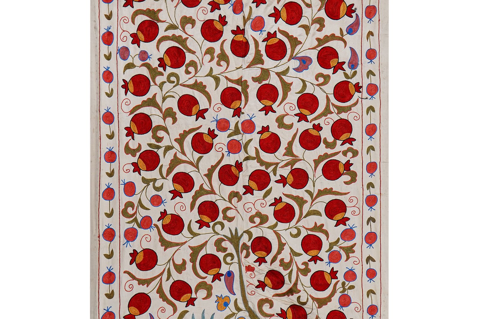 Red Uzbek Suzani Wall Hanging – Pomegranate & Animal Motif Embroidered Textile '7'5'' X 10'2'' photo for sale