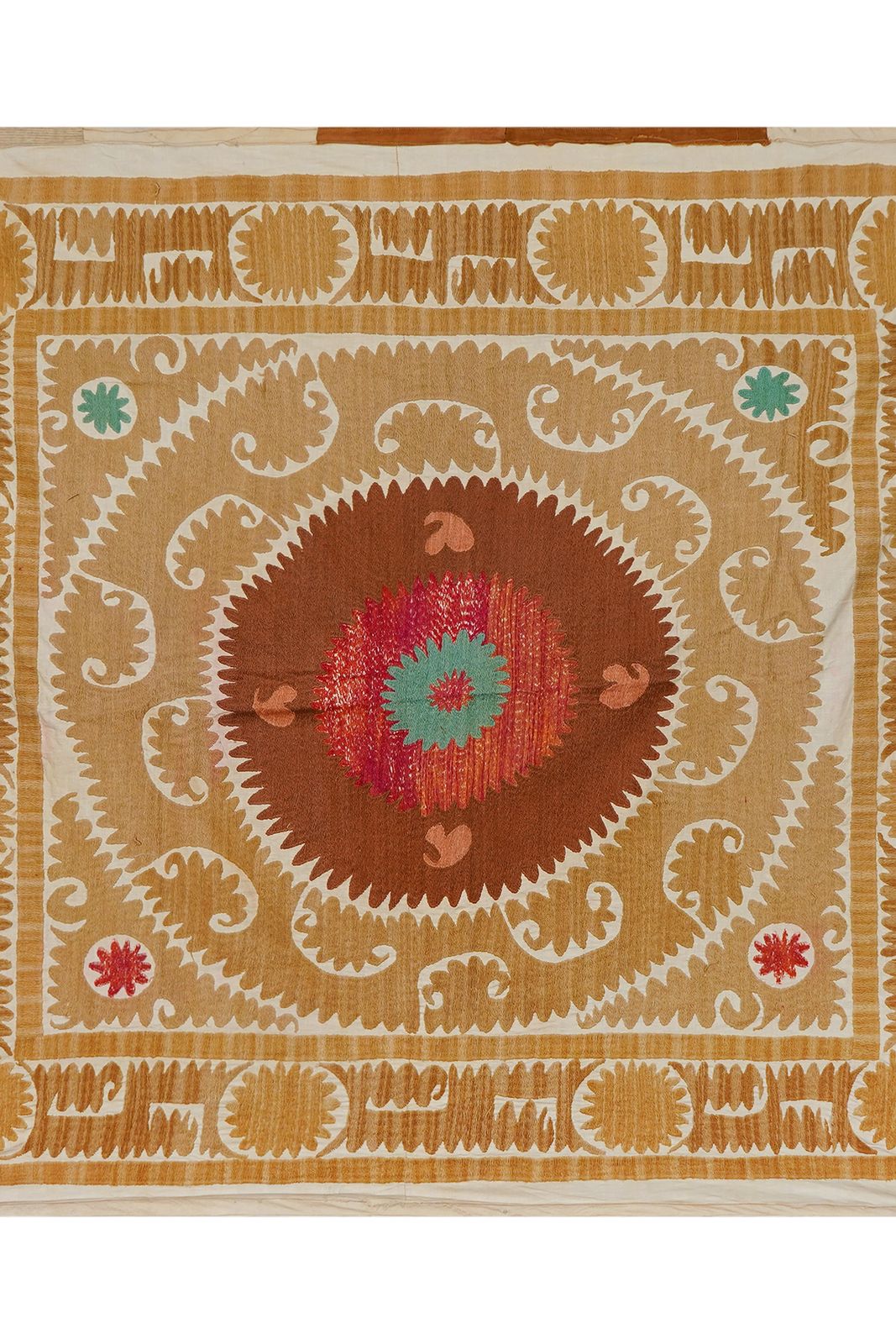 Vintage Suzani Wall Hanging, Mustard Brown Red Green Uzbek Hand Embroidery 4'4'' X 4'7'' photo vinterior