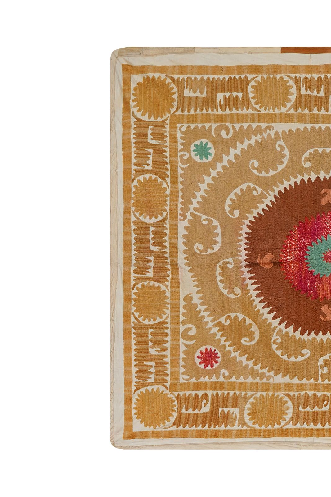 Vintage Suzani Wall Hanging, Mustard Brown Red Green Uzbek Hand Embroidery 4'4'' X 4'7'' photo vintage