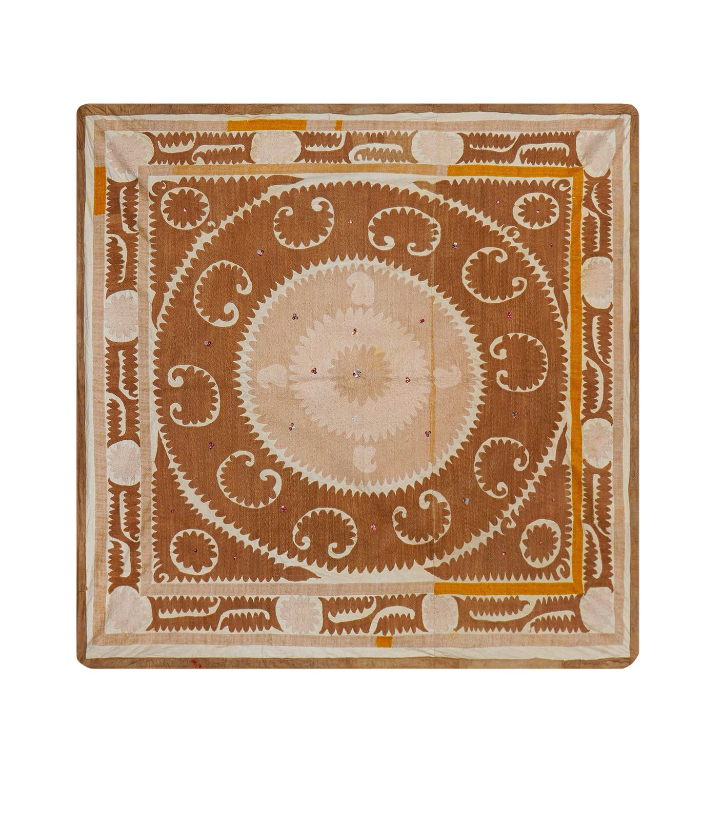 Suzani Wall Hanging Decor   Brown Pink Suzani Table Cloth   Uzbek Embroidery Neutral Textile 4'4'' X 4'4''