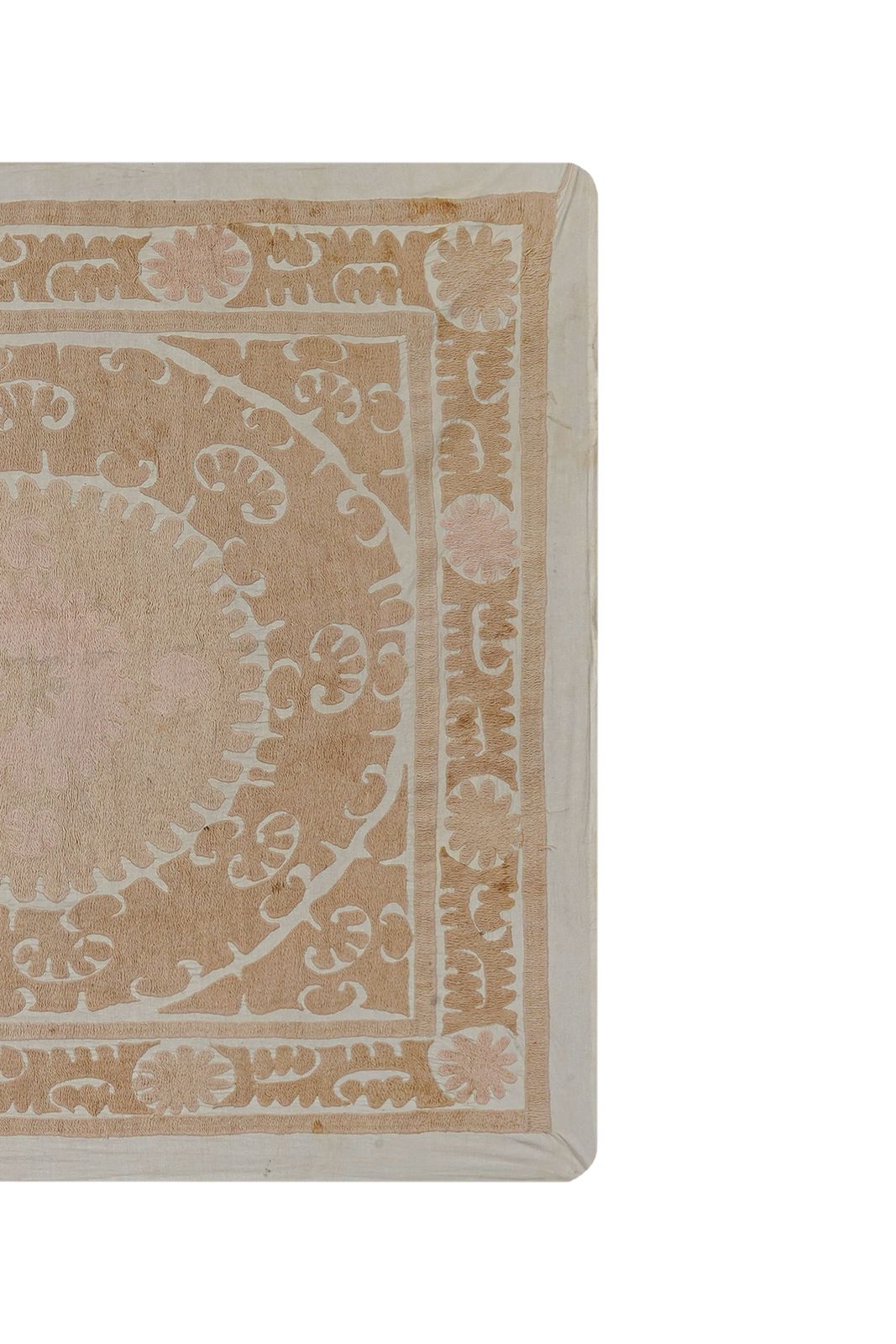 Minimal Neutral Suzani Textile, Beige Uzbek Table Cover Decor 4'4'' X 4'4'' photo for sale