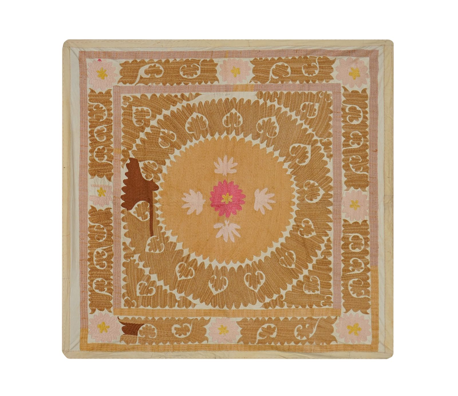 Suzani White Washed Pale Tribal Camel Uzbek Cloth 4'3'' X 4'6''