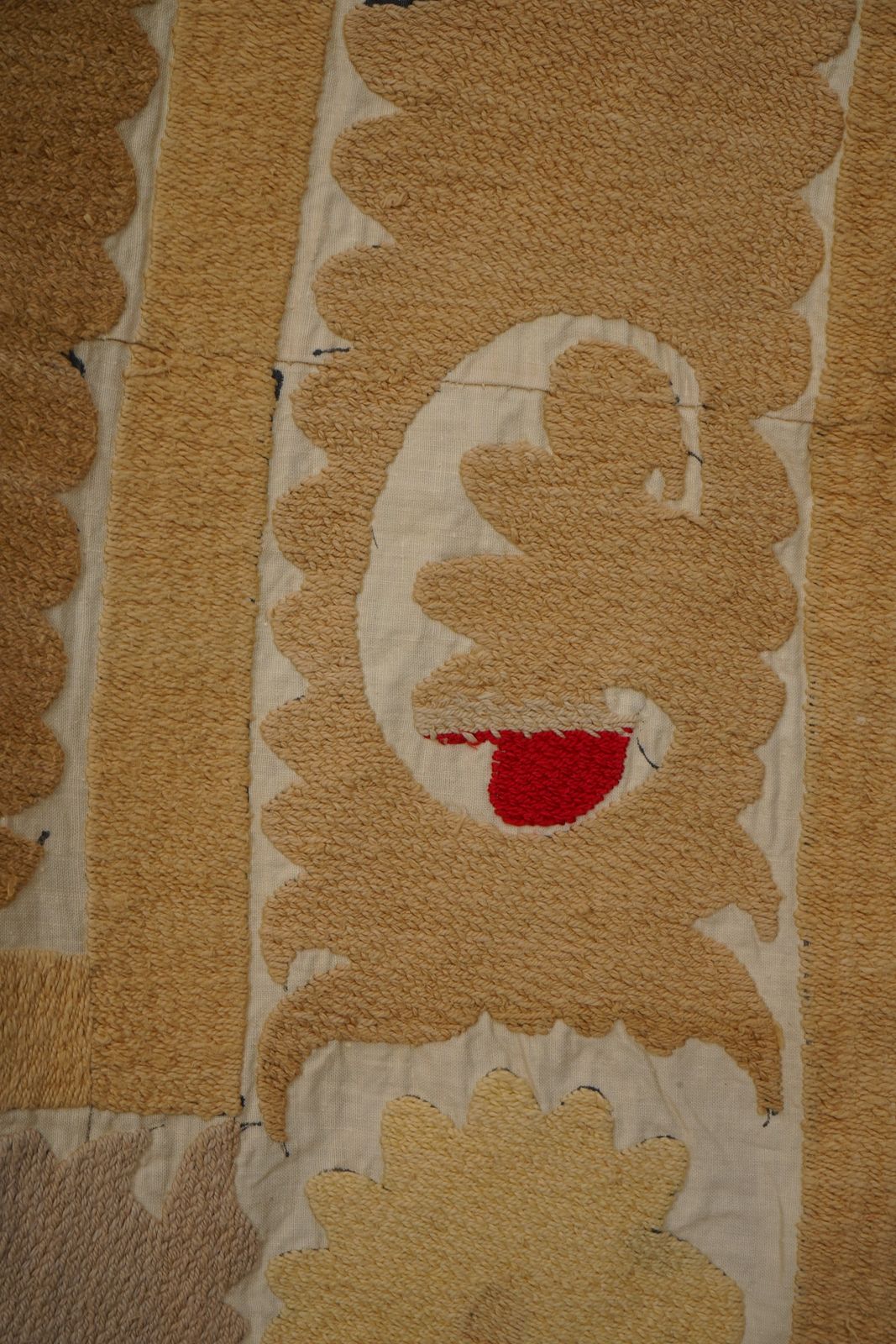 Soft Earth Tone Suzani Textile, Hand Stitched Uzbek Home Decor 4'2'' X 4'8'' photo vintage
