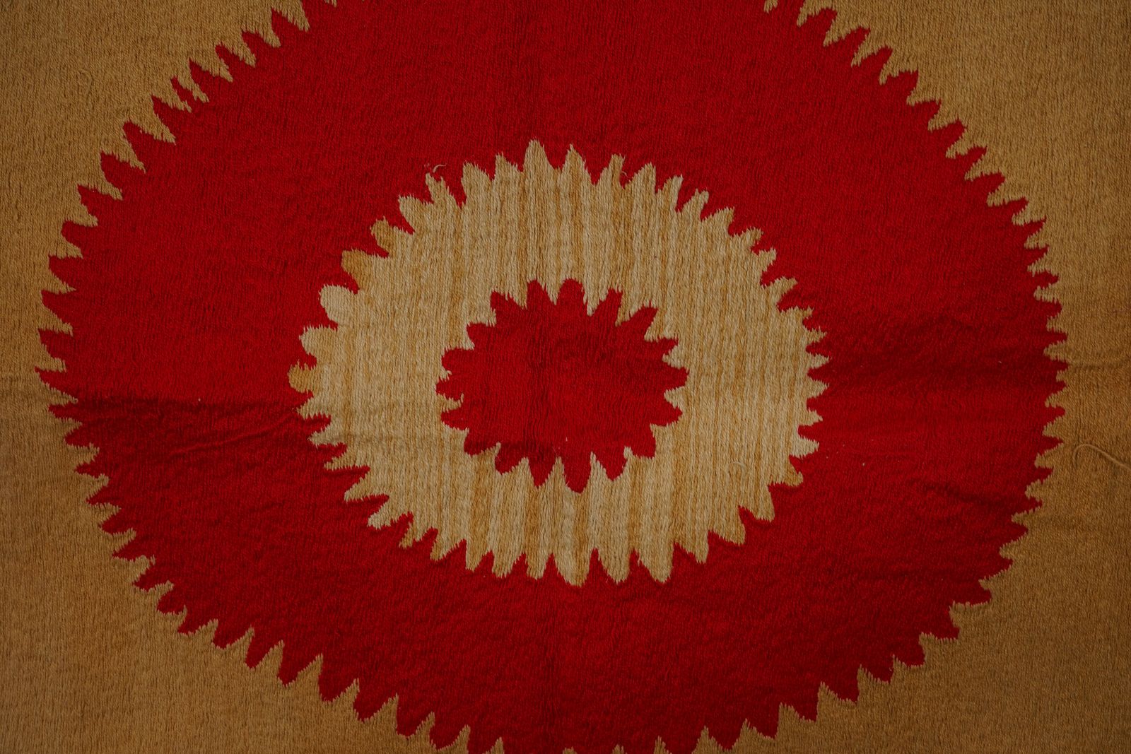 Uzbek Suzani Textile, Square Red And Camel Table Cover In Red Tones 4'2'' X 4'9'' photo for sale