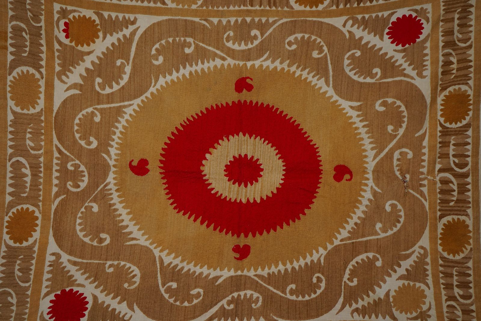 photo for sale Uzbek Suzani Textile, Square Red And Camel Table Cover In Red Tones 4'2'' X 4'9''
