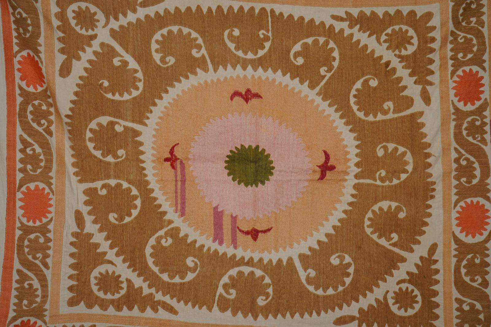 Hand Embroidered Uzbek Suzani Textile, Square Table Cover In Warm Tones 4'1'' X 4'5'' photo for sale