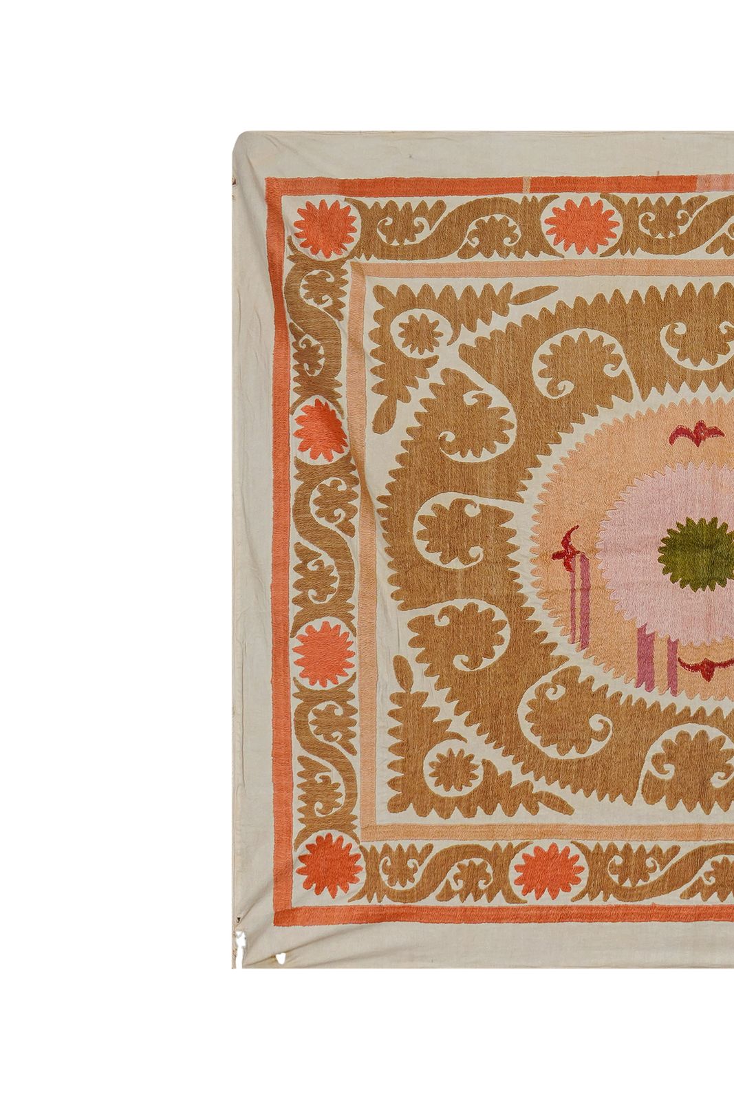Hand Embroidered Uzbek Suzani Textile, Square Table Cover In Warm Tones 4'1'' X 4'5'' photo Textiles