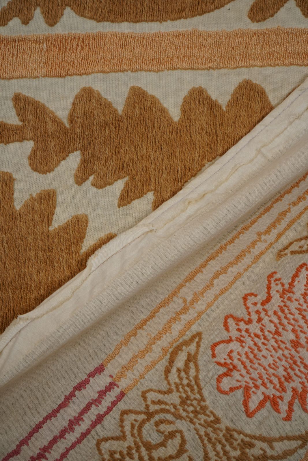 photo furniture Hand Embroidered Uzbek Suzani Textile, Square Table Cover In Warm Tones 4'1'' X 4'5''